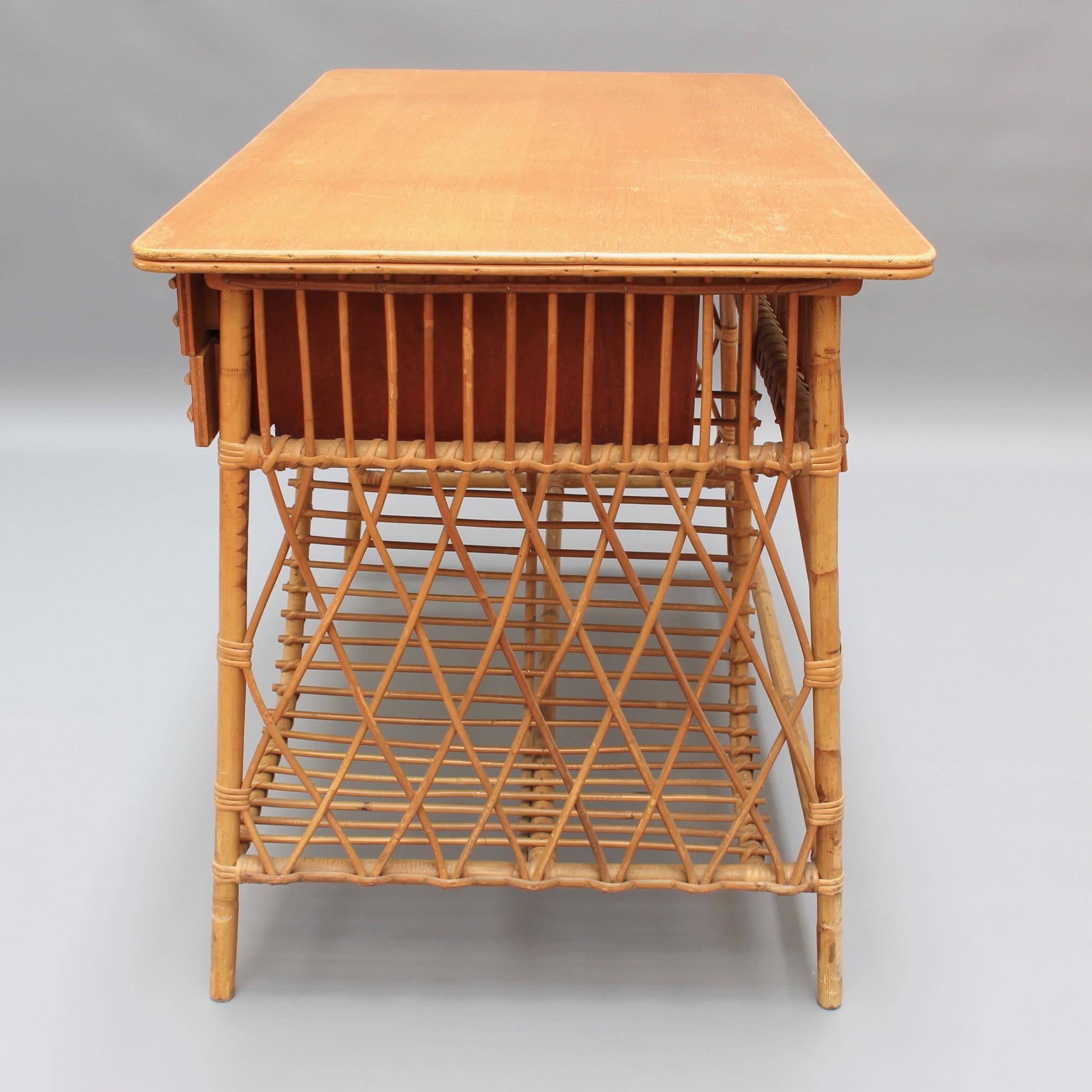 Mid-Century Modern Rattan Desk / Vanity Table and Chair by Louis Sognot, circa 1950s