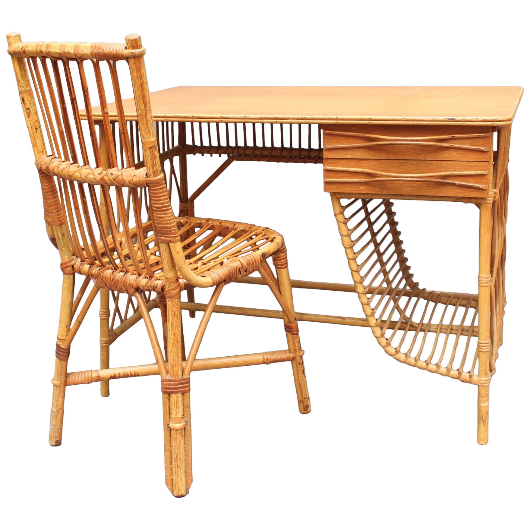 Rattan Desk / Vanity Table and Chair by Louis Sognot, circa 1950s