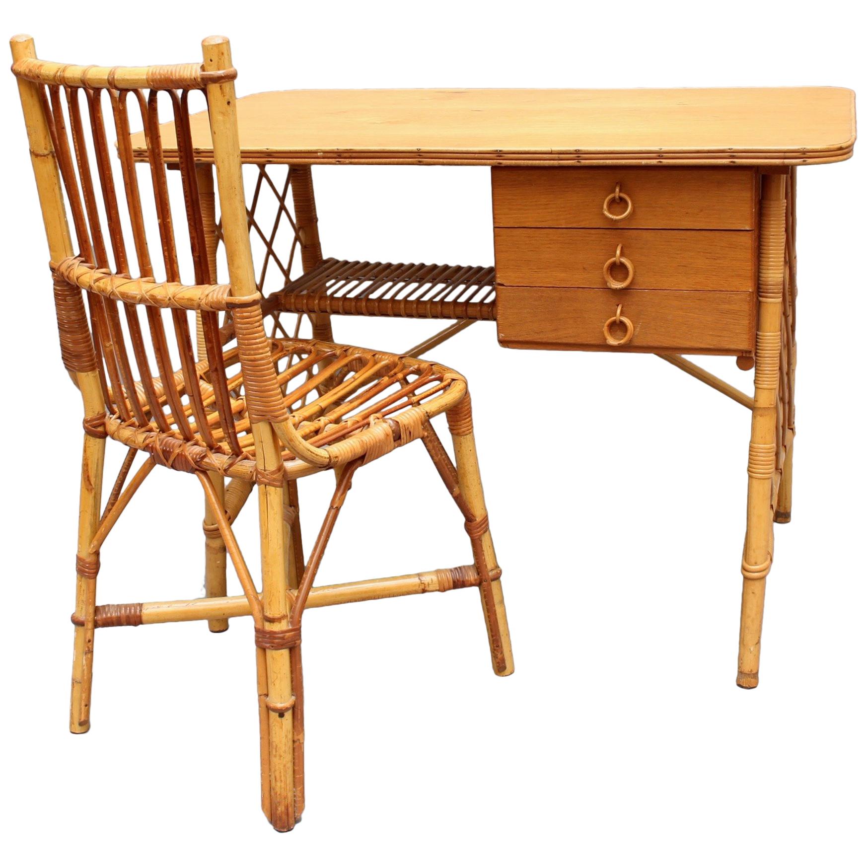 Rattan Desk / Vanity Table and Chair by Louis Sognot 'circa 1950s'