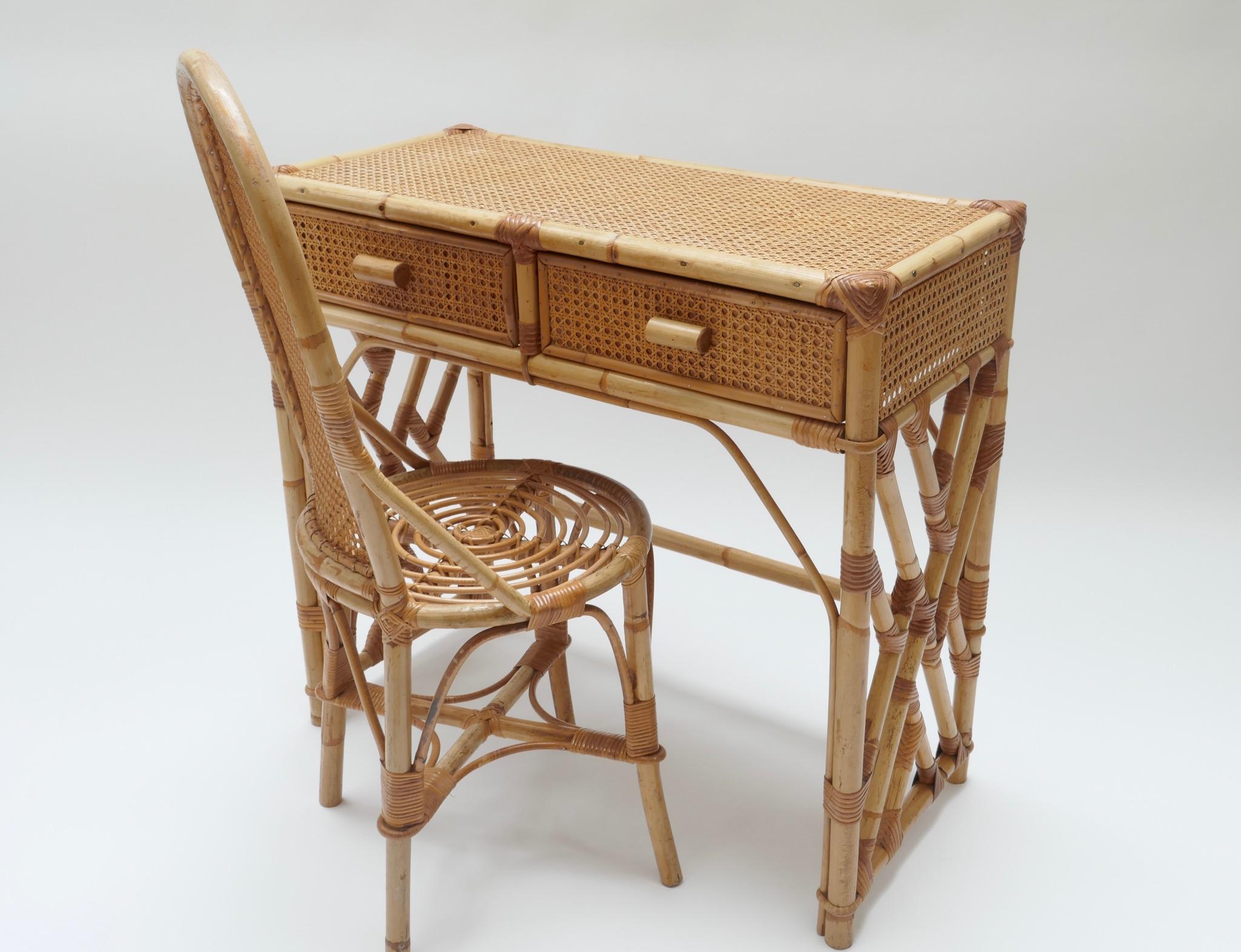 Rattan desk/vanity table, two drawers with matching chair, France, 1970s.