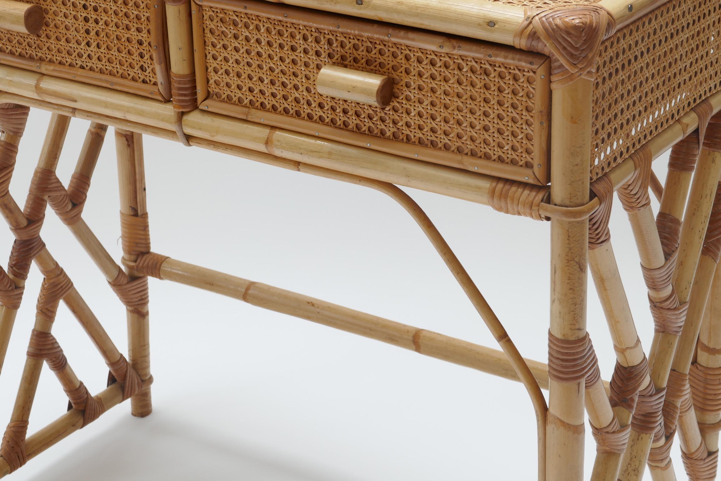 Bohemian Rattan Desk/Vanity Table, Two Drawers with Matching Chair, France, 1970s