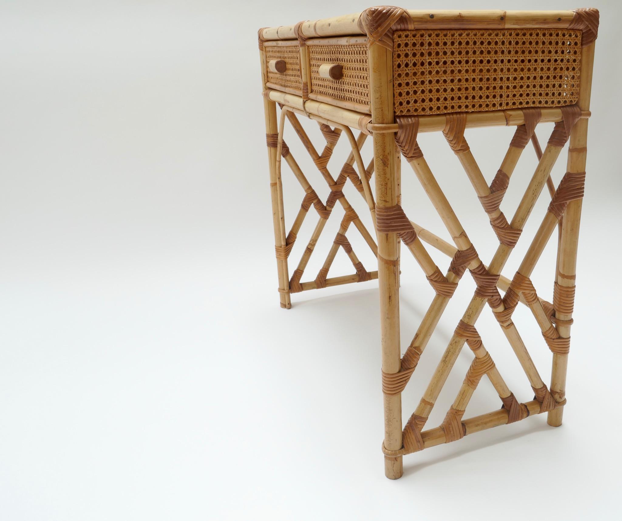 Late 20th Century Rattan Desk/Vanity Table, Two Drawers with Matching Chair, France, 1970s