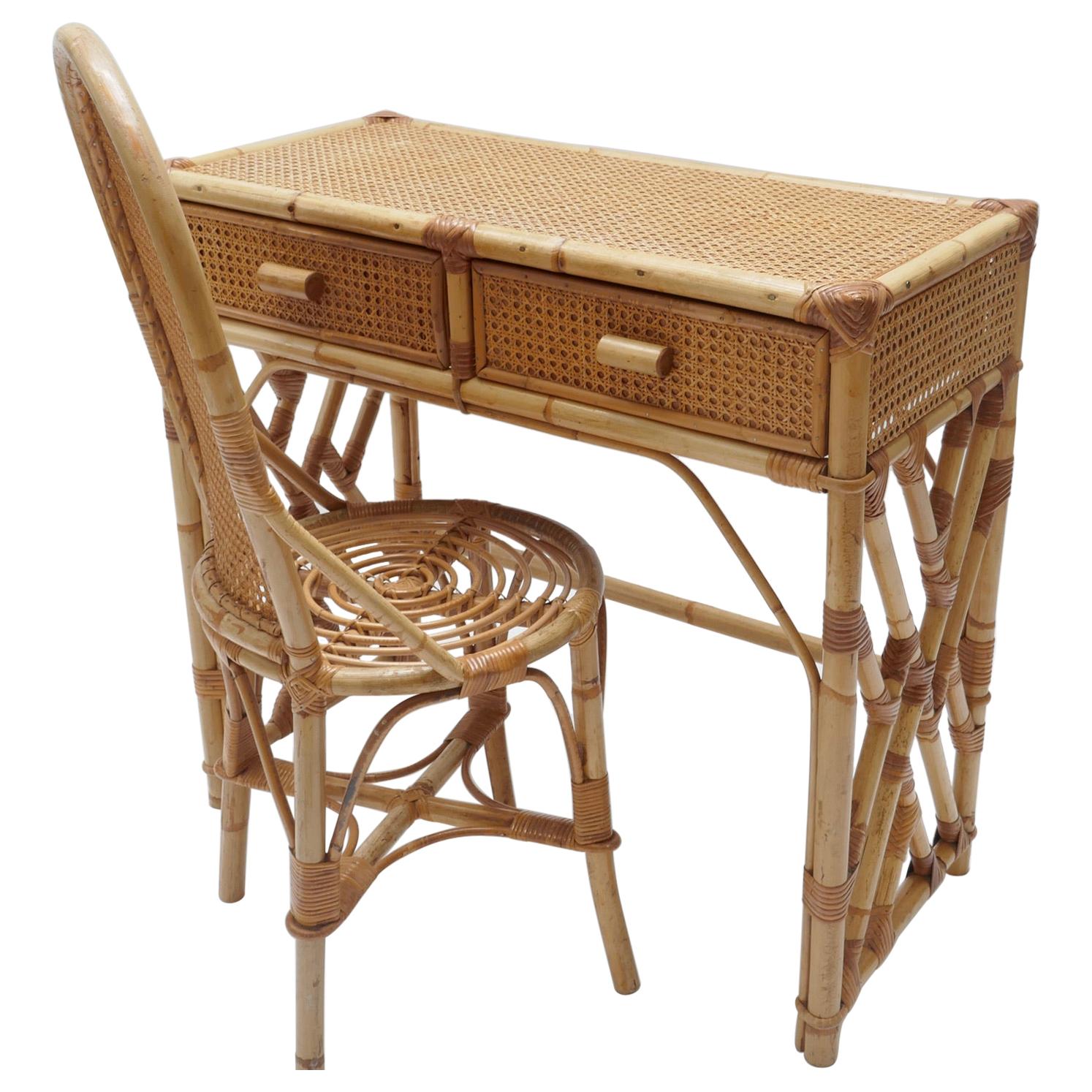 Rattan Desk/Vanity Table, Two Drawers with Matching Chair, France, 1970s