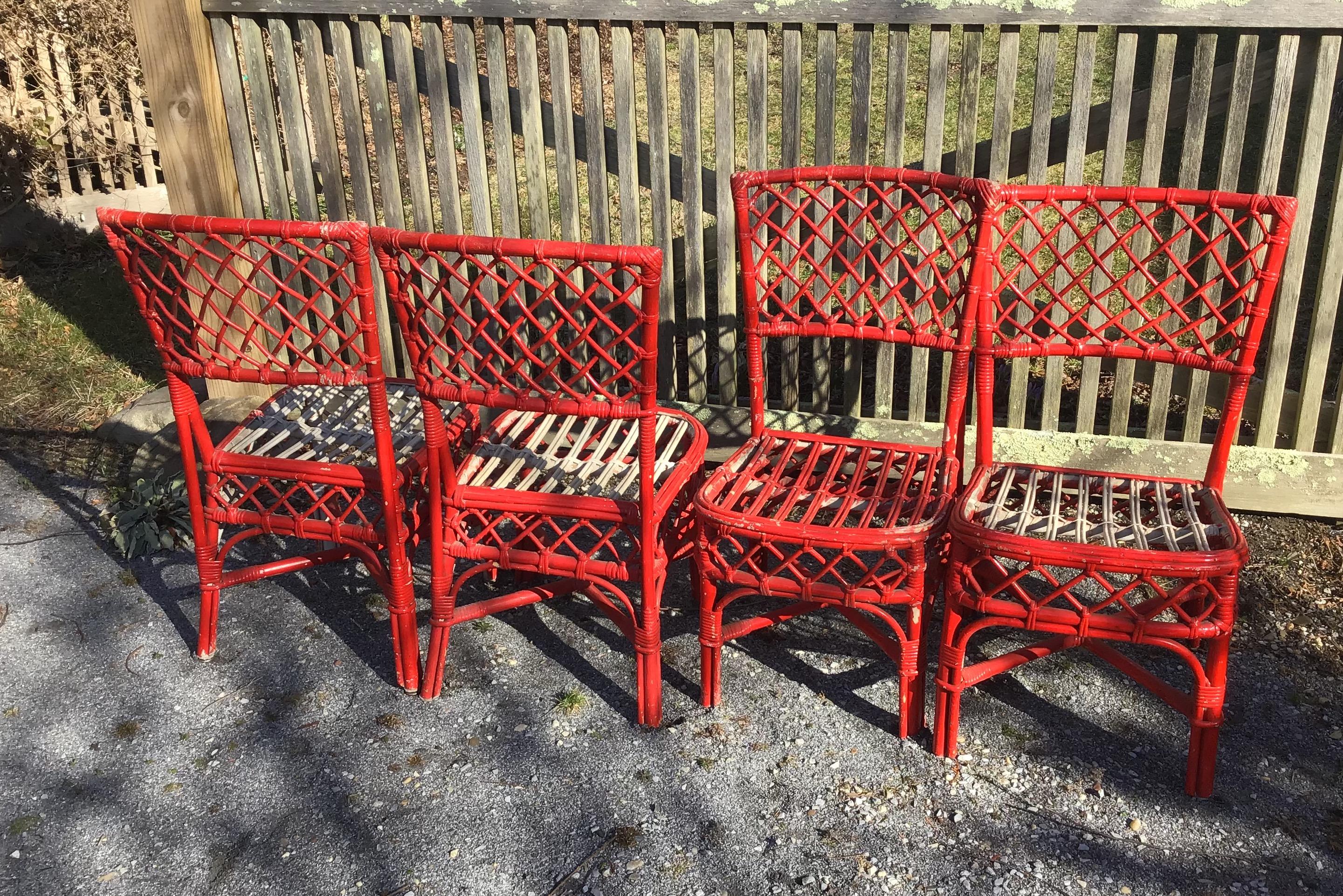 Rattan Dining Chairs Mid Century Bamboo Side Chairs Set 4 Rattan Indoor Outdoor In Fair Condition For Sale In East Hampton, NY