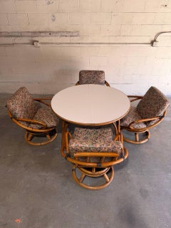 Outdoor Rattan Dining Set Extension Round Table and 4 Swivel Chairs MCM 1970s