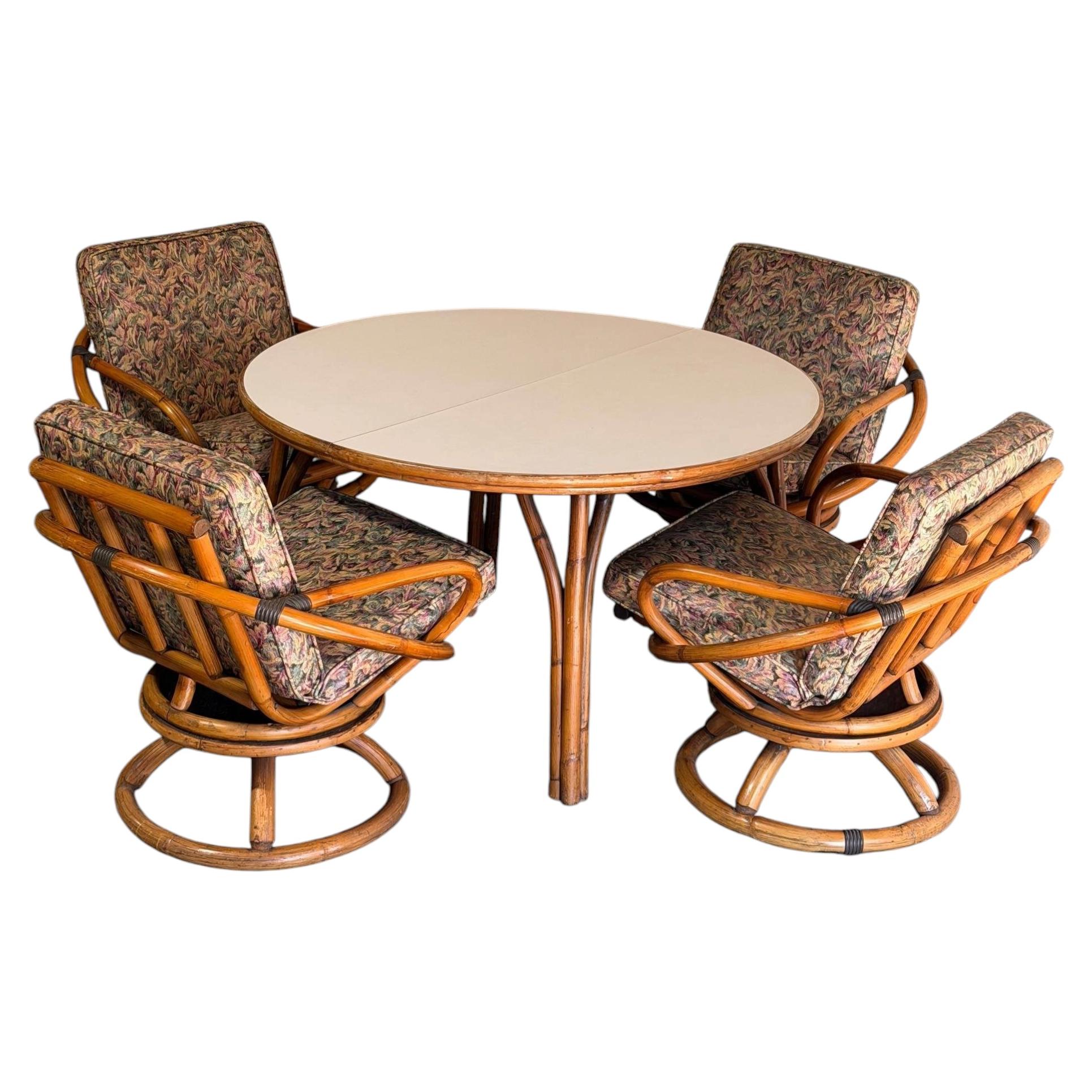 Outdoor Rattan Dining Set Extension Round Table and 4 Swivel Chairs MCM 1970s