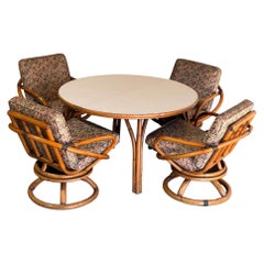 Outdoor Rattan Dining Set Extension Round Table and 4 Swivel Chairs MCM 1970s