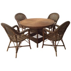 Antique Rattan Dining Table and Set of 4 Armchairs