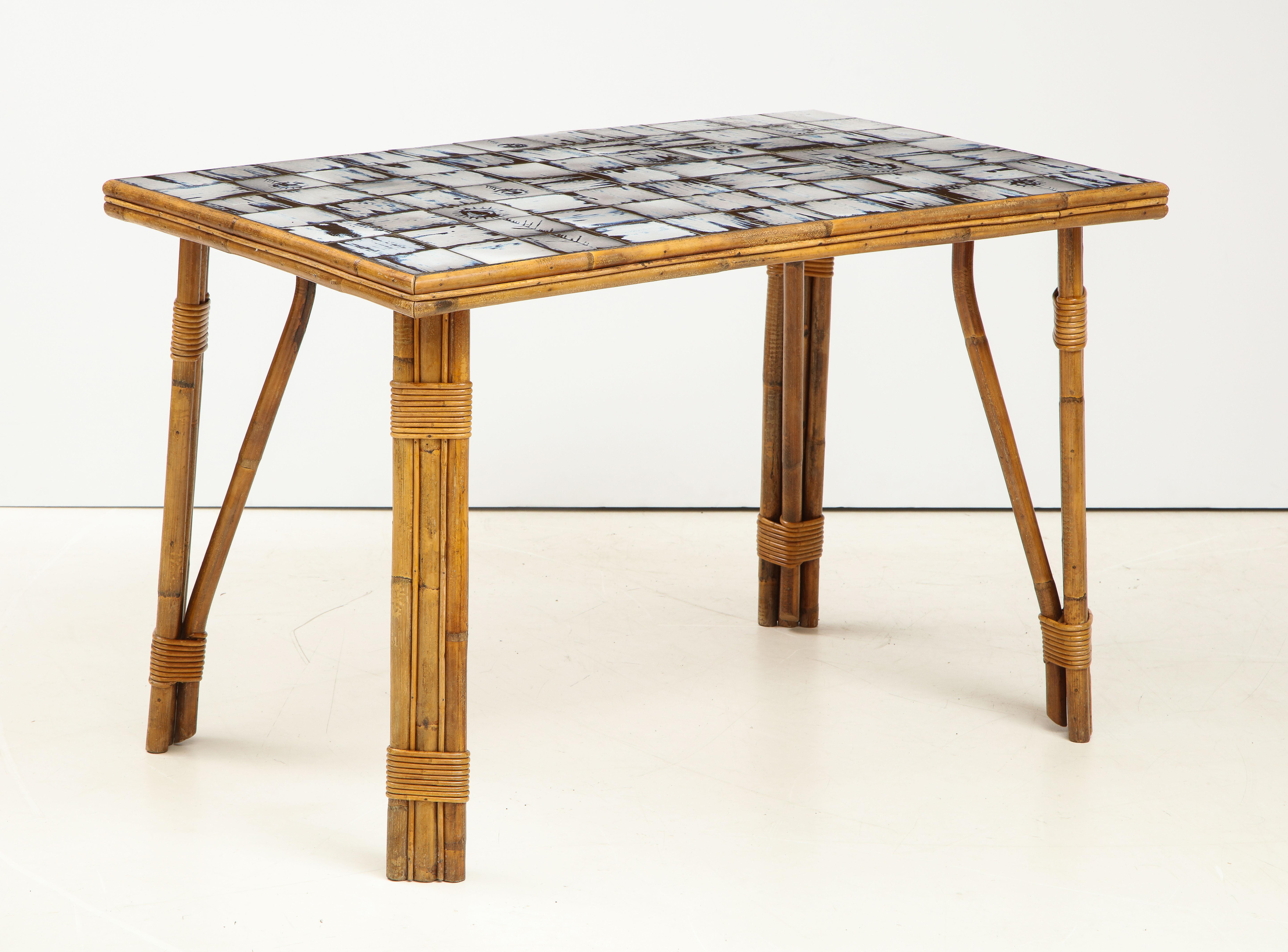 Rattan Dining Table with Hand-Painted Ceramic Tile Top, France, circa 1950 3