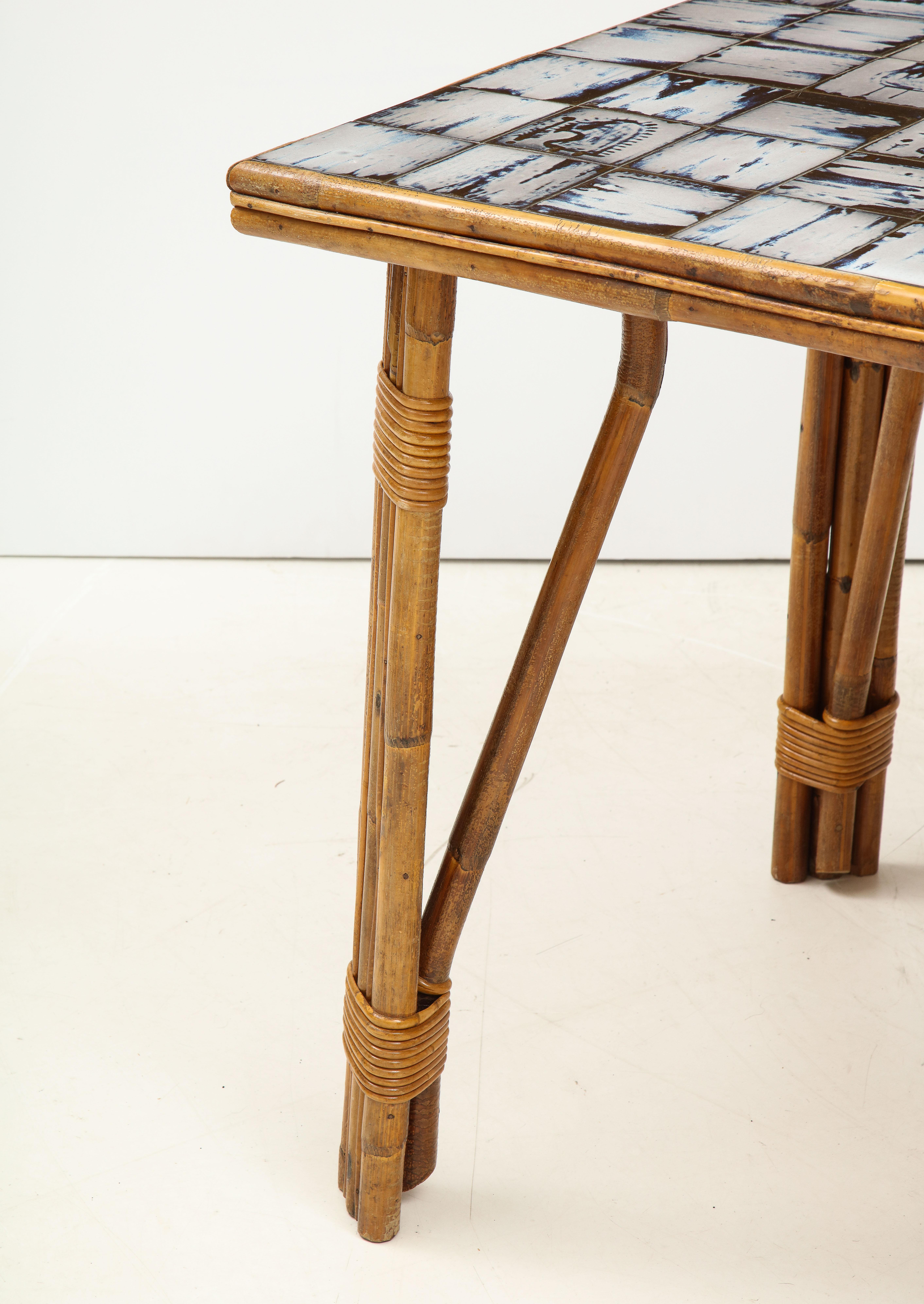 Rattan Dining Table with Hand-Painted Ceramic Tile Top, France, circa 1950 4