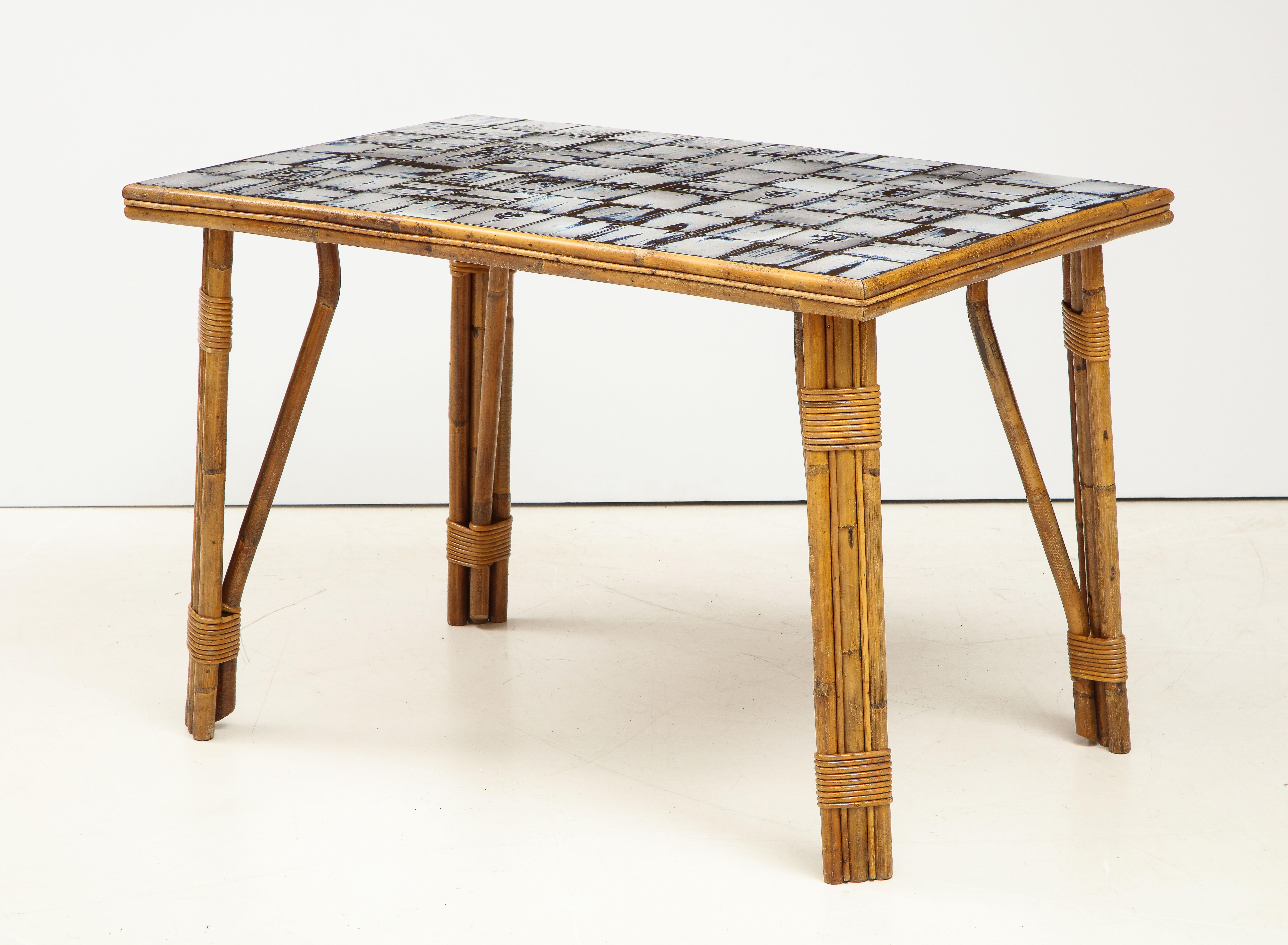Curated visual reference: Visual Reference: Rattan Dining Table With Hand Painted Ceramic Tile Top France
