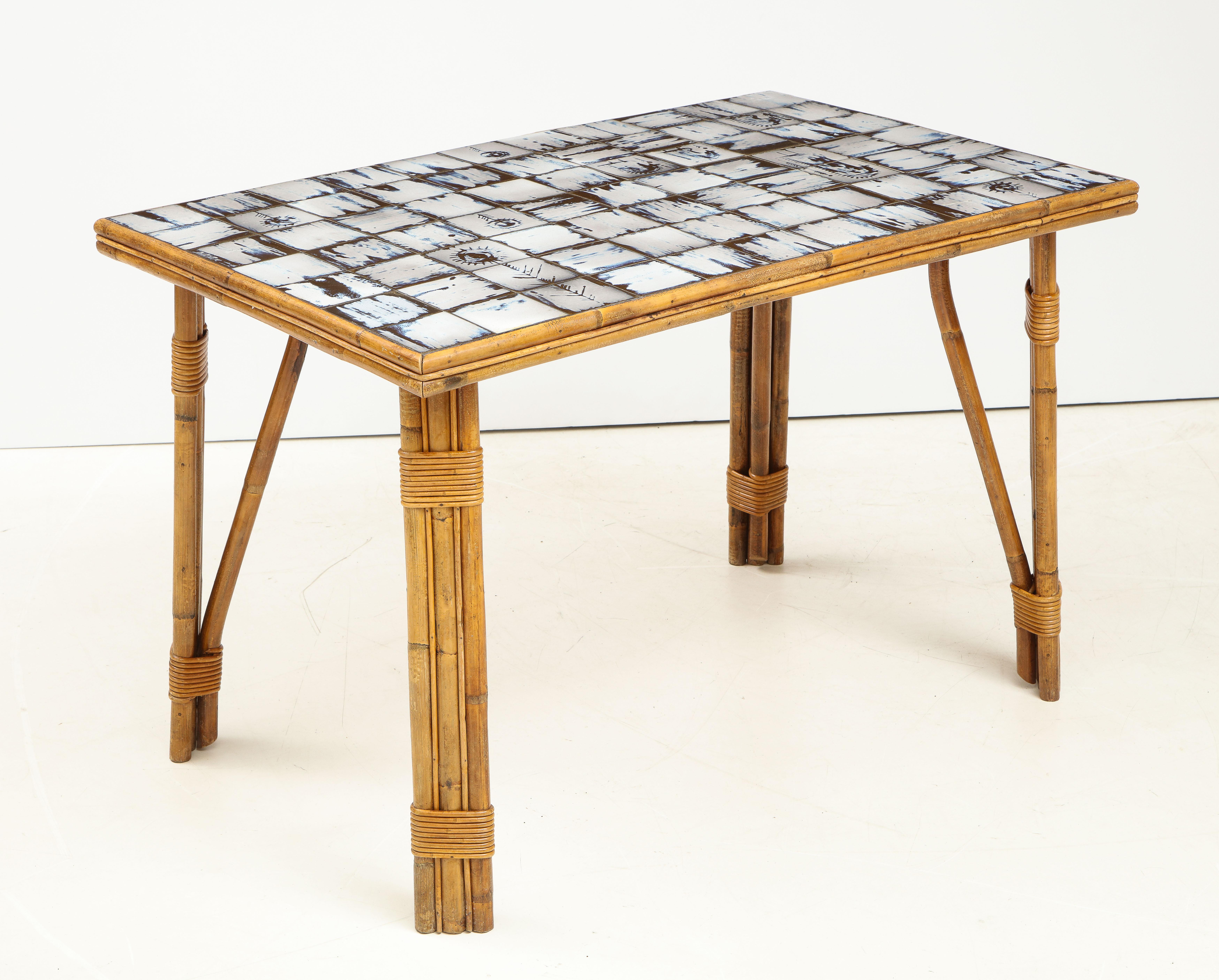 French Rattan Dining Table with Hand-Painted Ceramic Tile Top, France, circa 1950