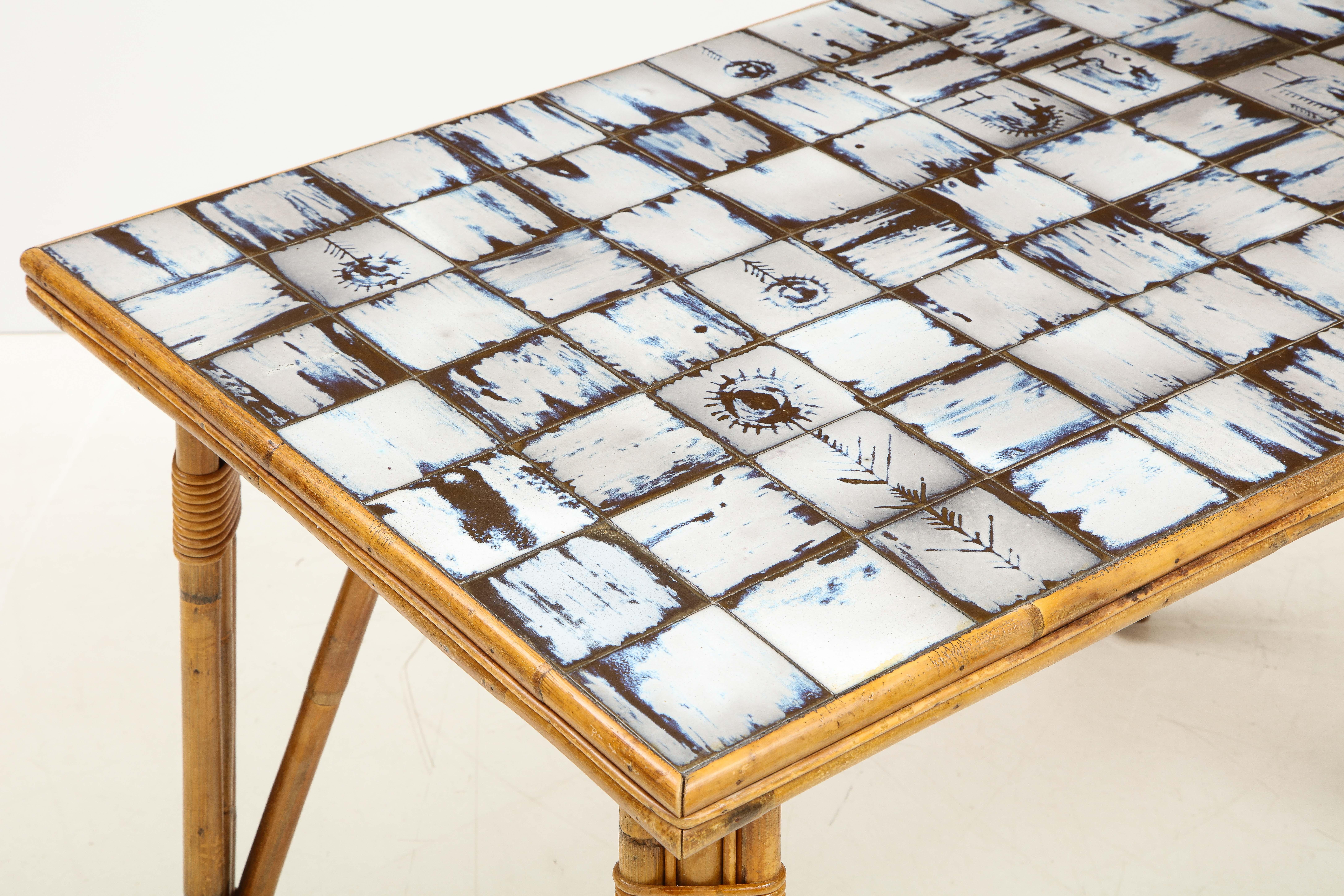 Rattan Dining Table with Hand-Painted Ceramic Tile Top, France, circa 1950 In Good Condition In New York City, NY