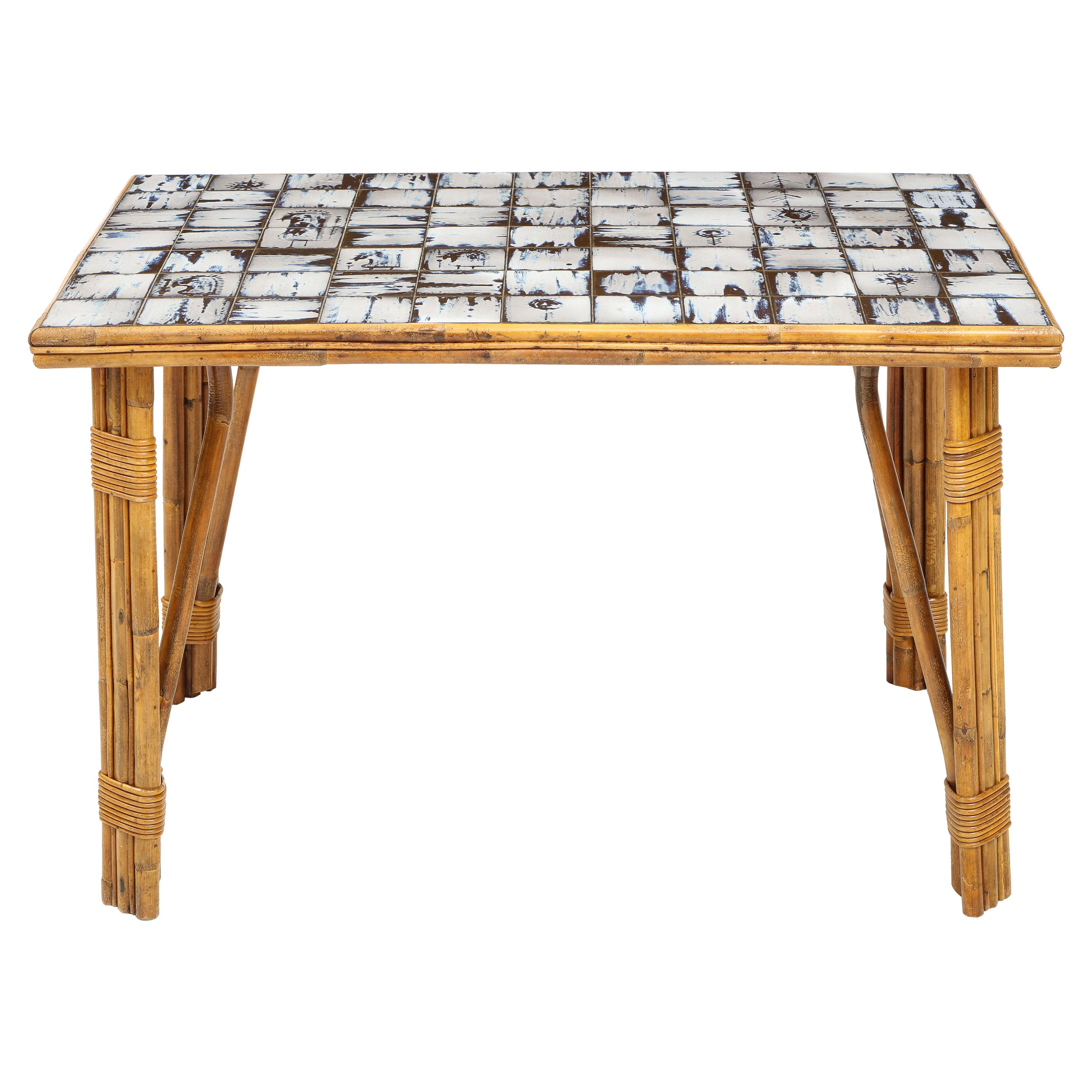 Rattan Dining Table with Hand-Painted Ceramic Tile Top, France, circa 1950