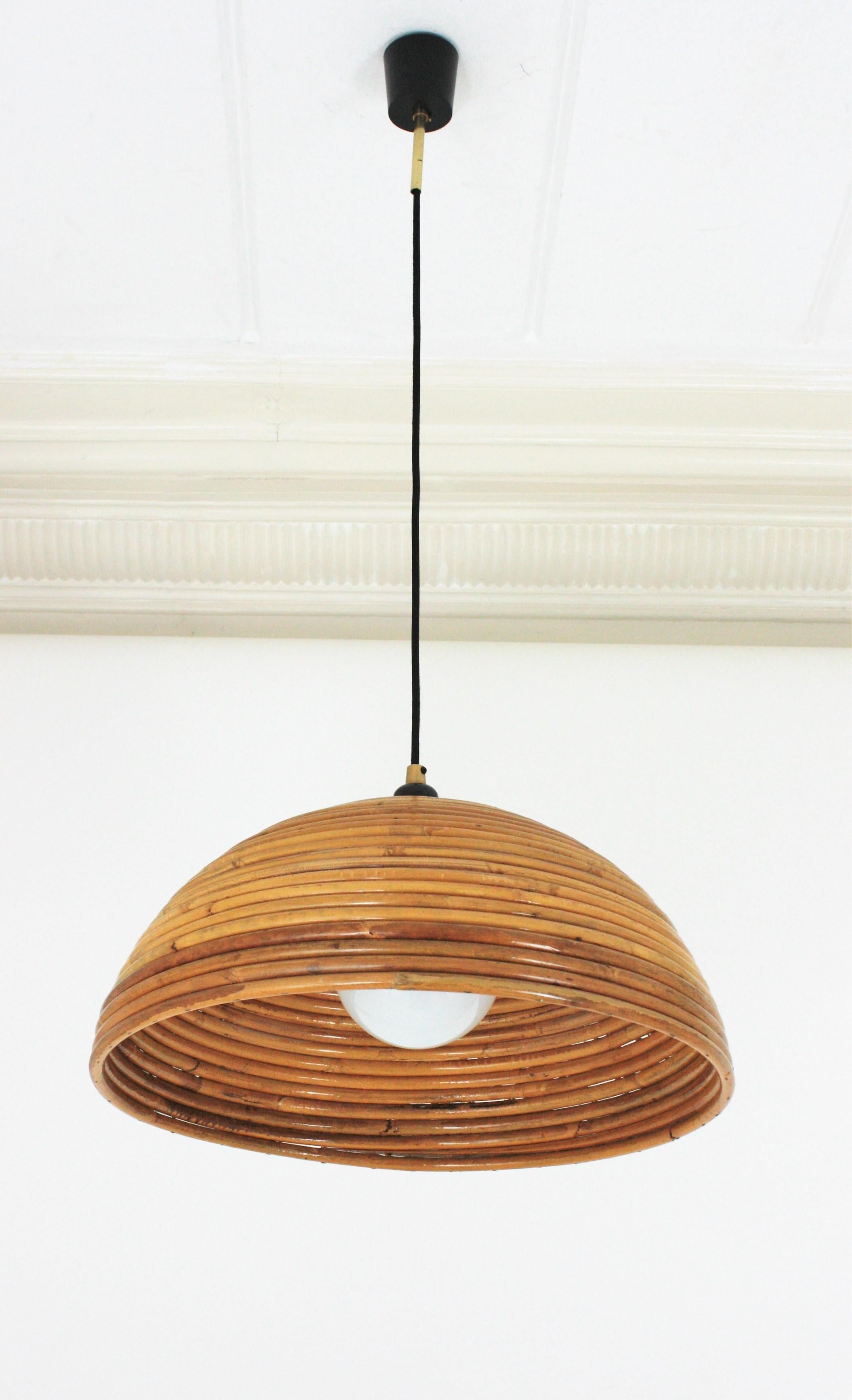 Italian Rattan Dome Shaped Pendant Hanging Light, Gabriella Crespi Style