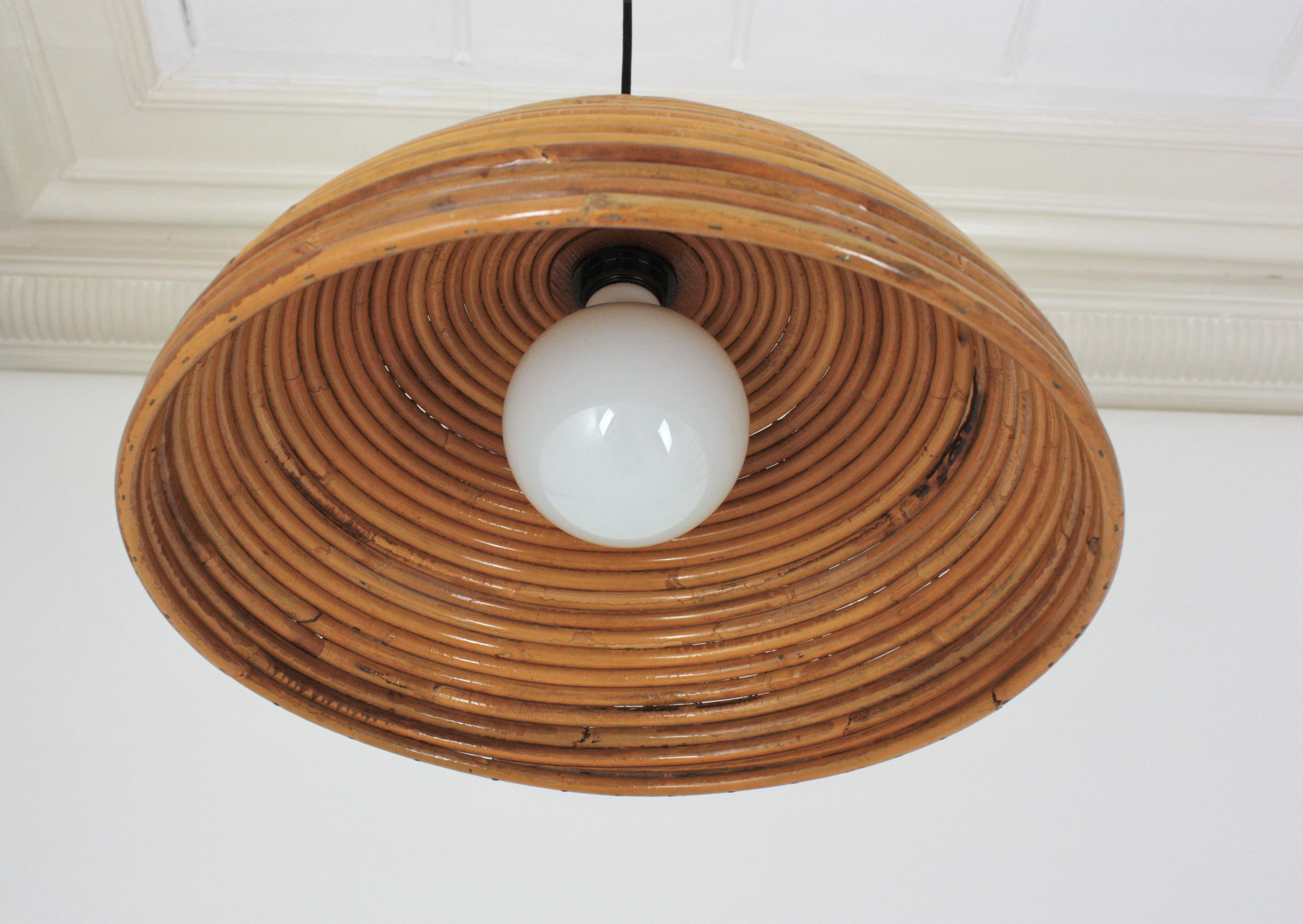 Rattan Dome Shaped Pendant Hanging Light, Gabriella Crespi Style In Good Condition In Barcelona, ES
