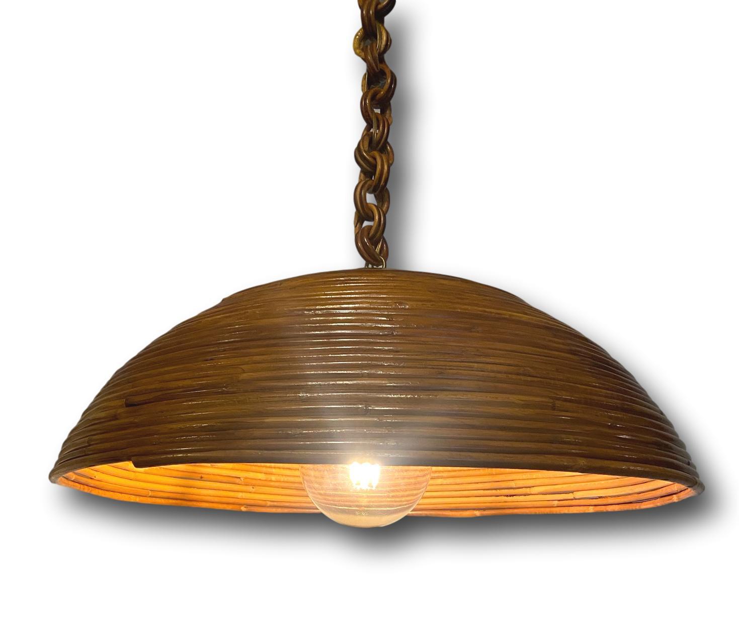 Mid-20th Century Gabriella Crespi Style Rattan Dome Shaped Pendant Hanging Light, Italy, 1960s 
