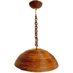 Gabriella Crespi Style Rattan Dome Shaped Pendant Hanging Light, Italy, 1960s