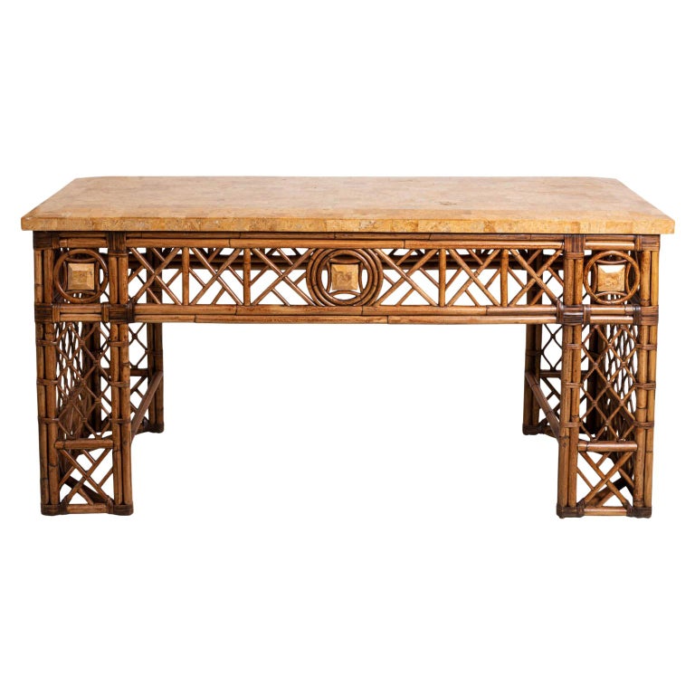 Rattan Double Sided Console Table with Marble Top at 1stDibs