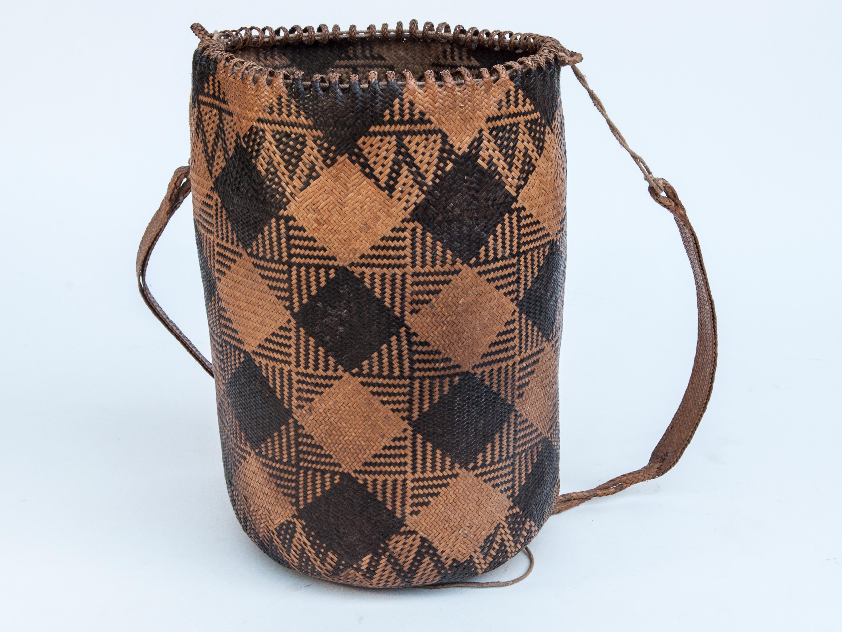 Indonesian Rattan Drawstring Shoulder Bag Basket, Dayak of Borneo, Late 20th Century