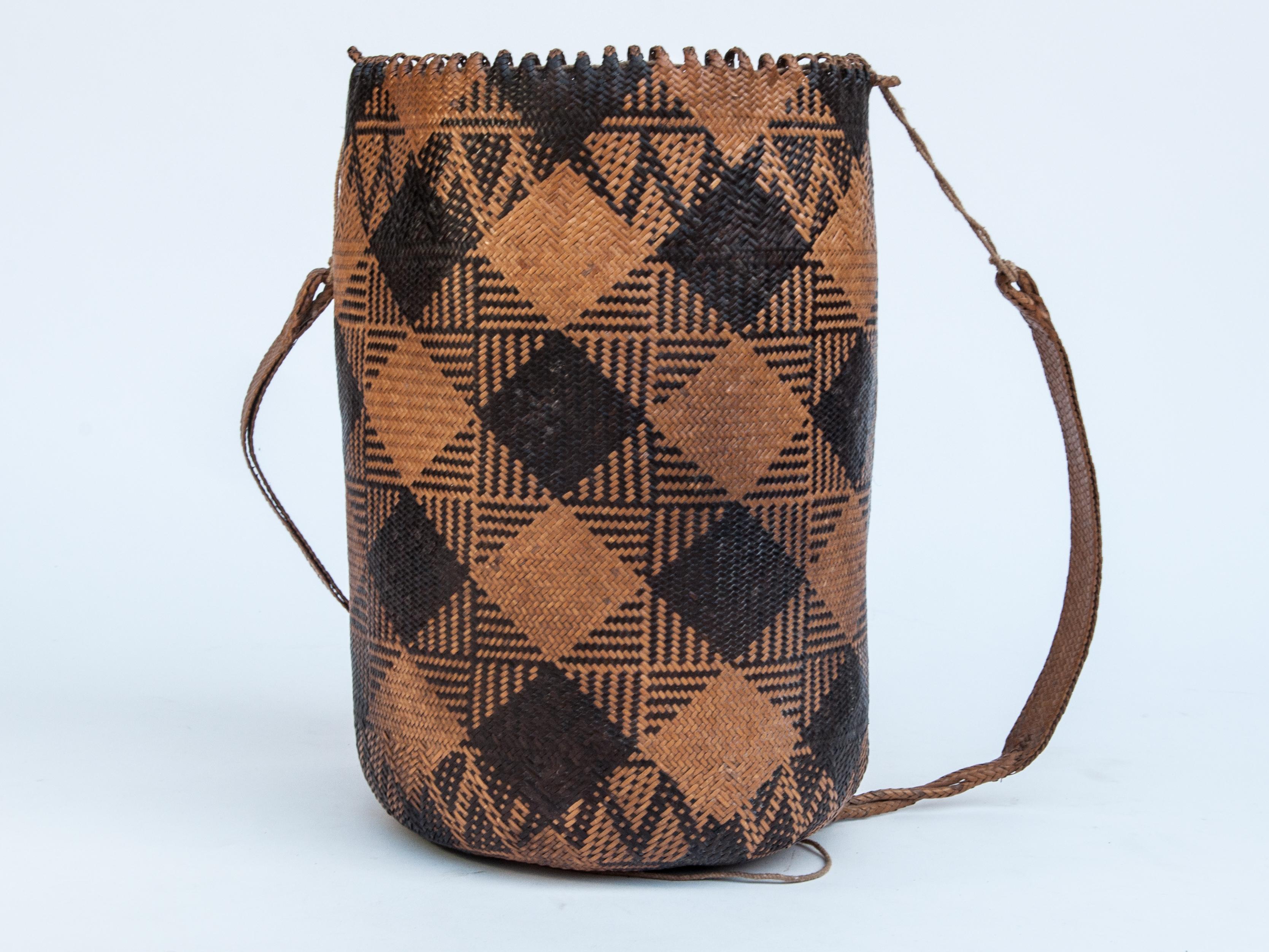 Hand-Crafted Rattan Drawstring Shoulder Bag Basket, Dayak of Borneo, Late 20th Century
