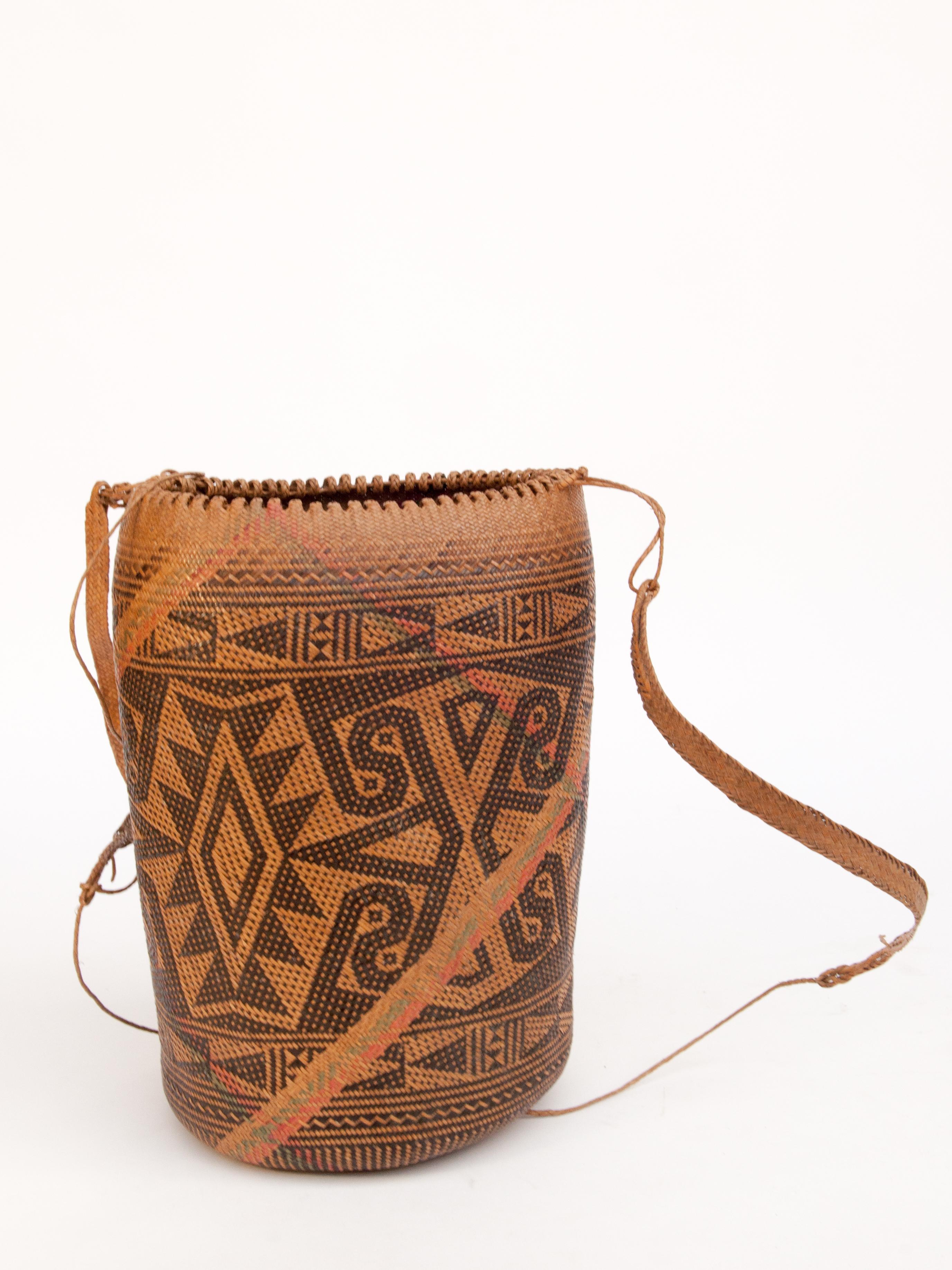Tribal Rattan Drawstring Shoulder Bag Basket, Punan of Borneo, Late 20th Century