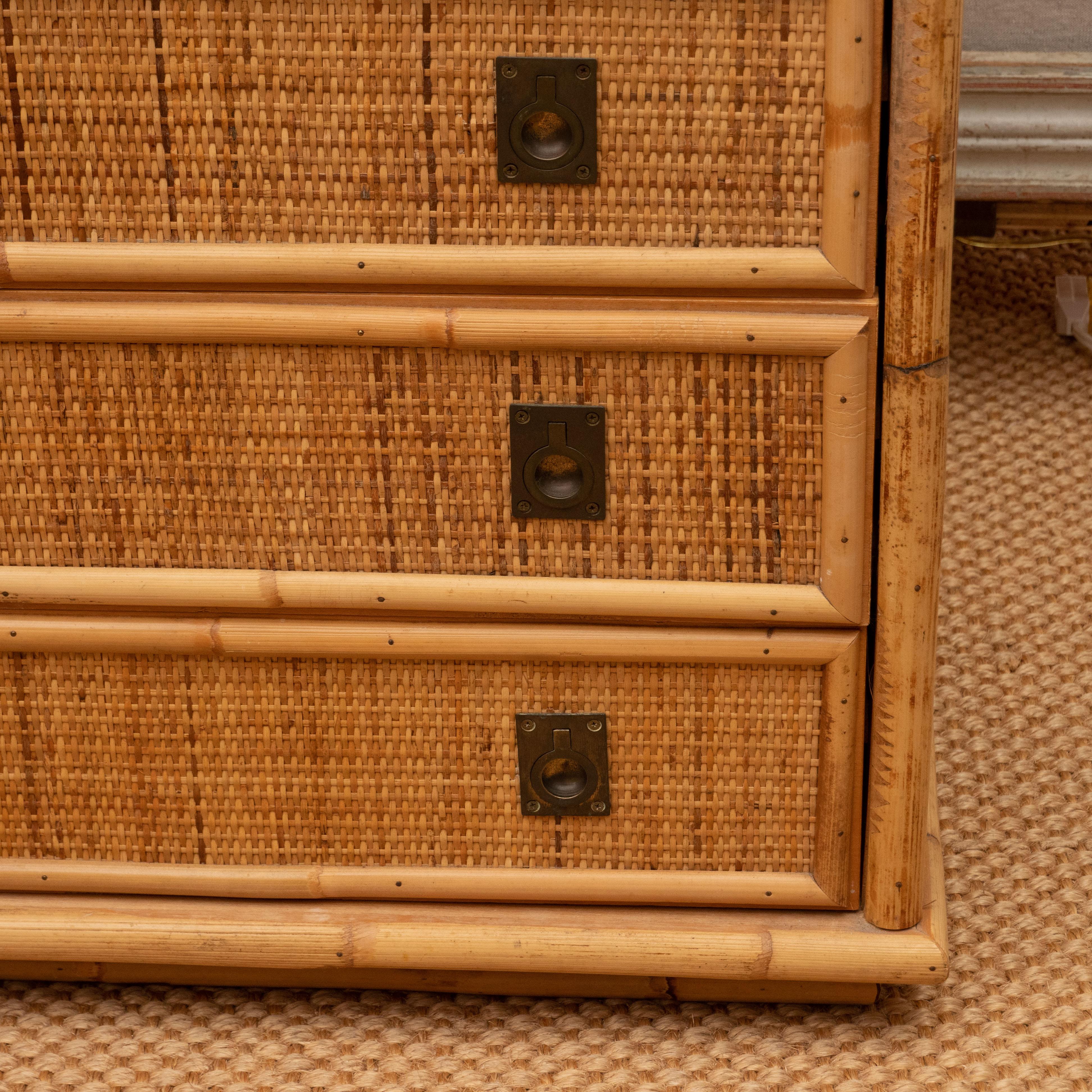 These fabulous chests will add instant style to a room. Constructed with rattan and framed in faux bamboo, the chests feature four drawers and Campaign style drawer pulls. Perfect in any room-in an entry, family room or as bedside tables. Priced at
