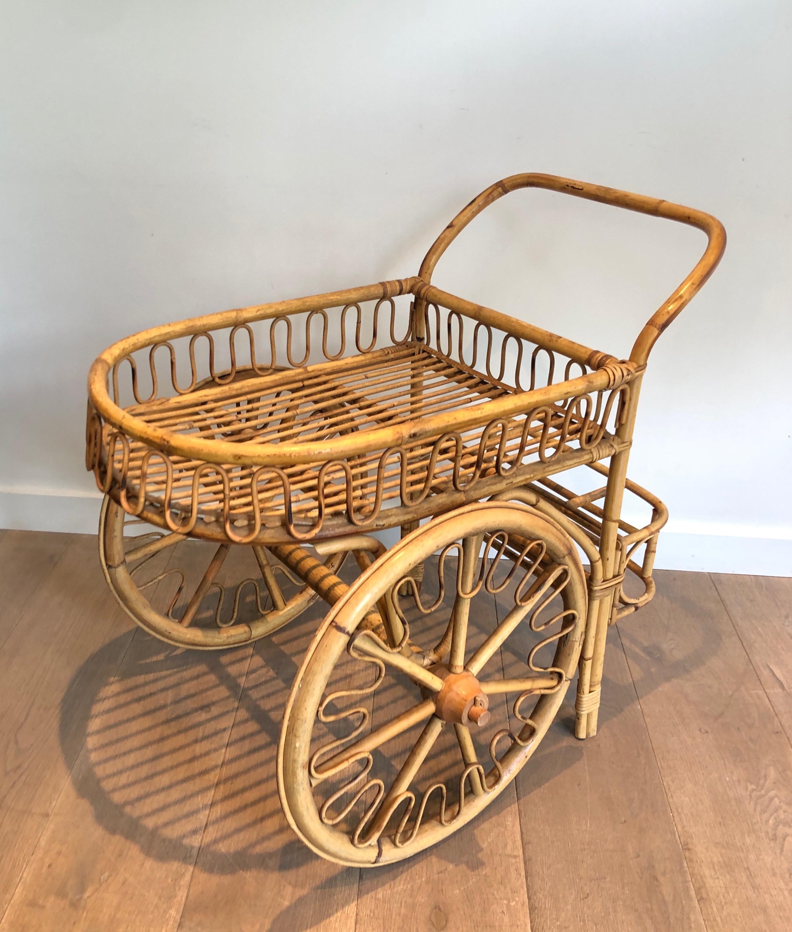 Rattan Drinks Trolley Attributed to Audoux Minet For Sale 5