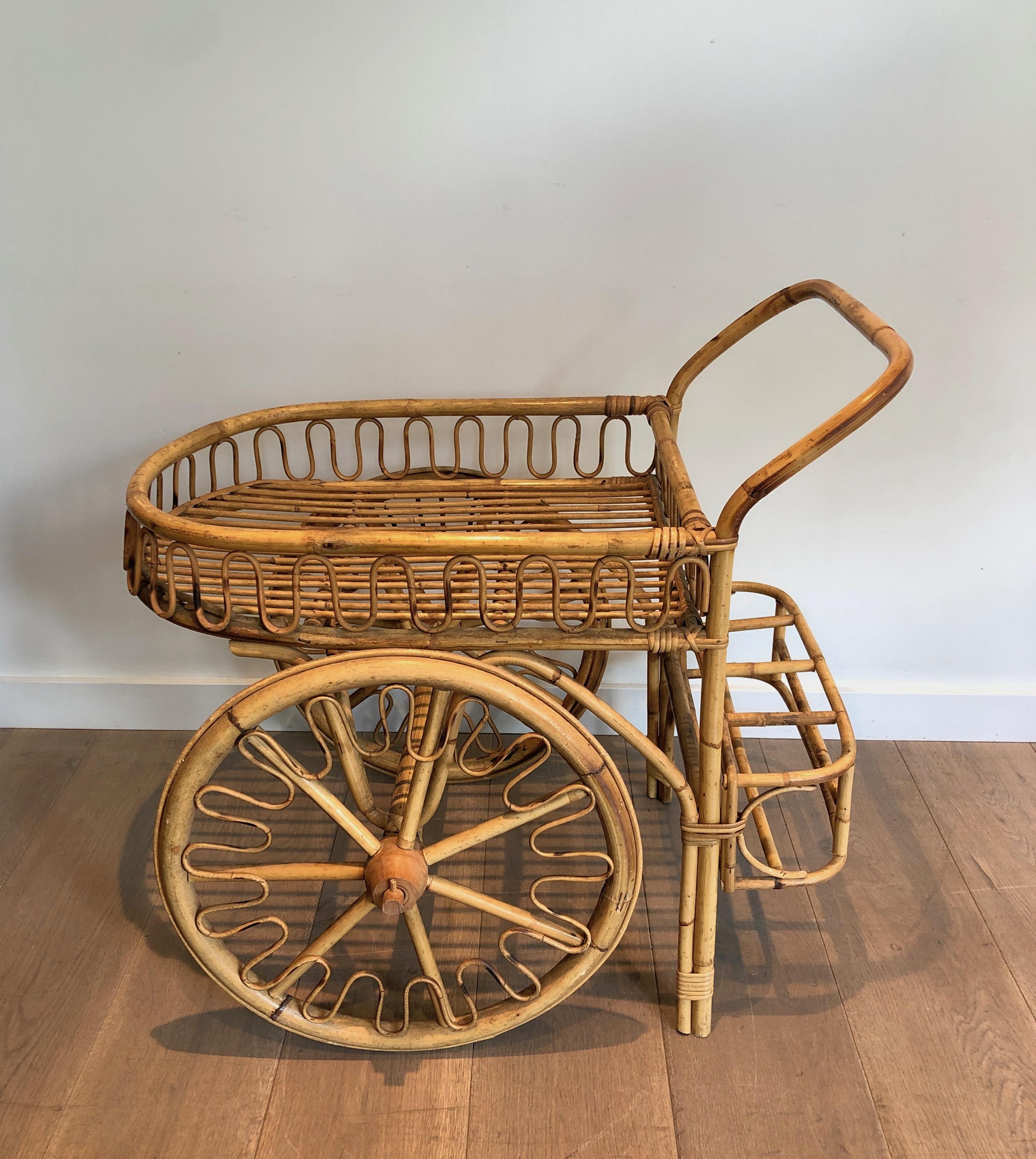 Rattan Drinks Trolley Attributed to Audoux Minet For Sale 6