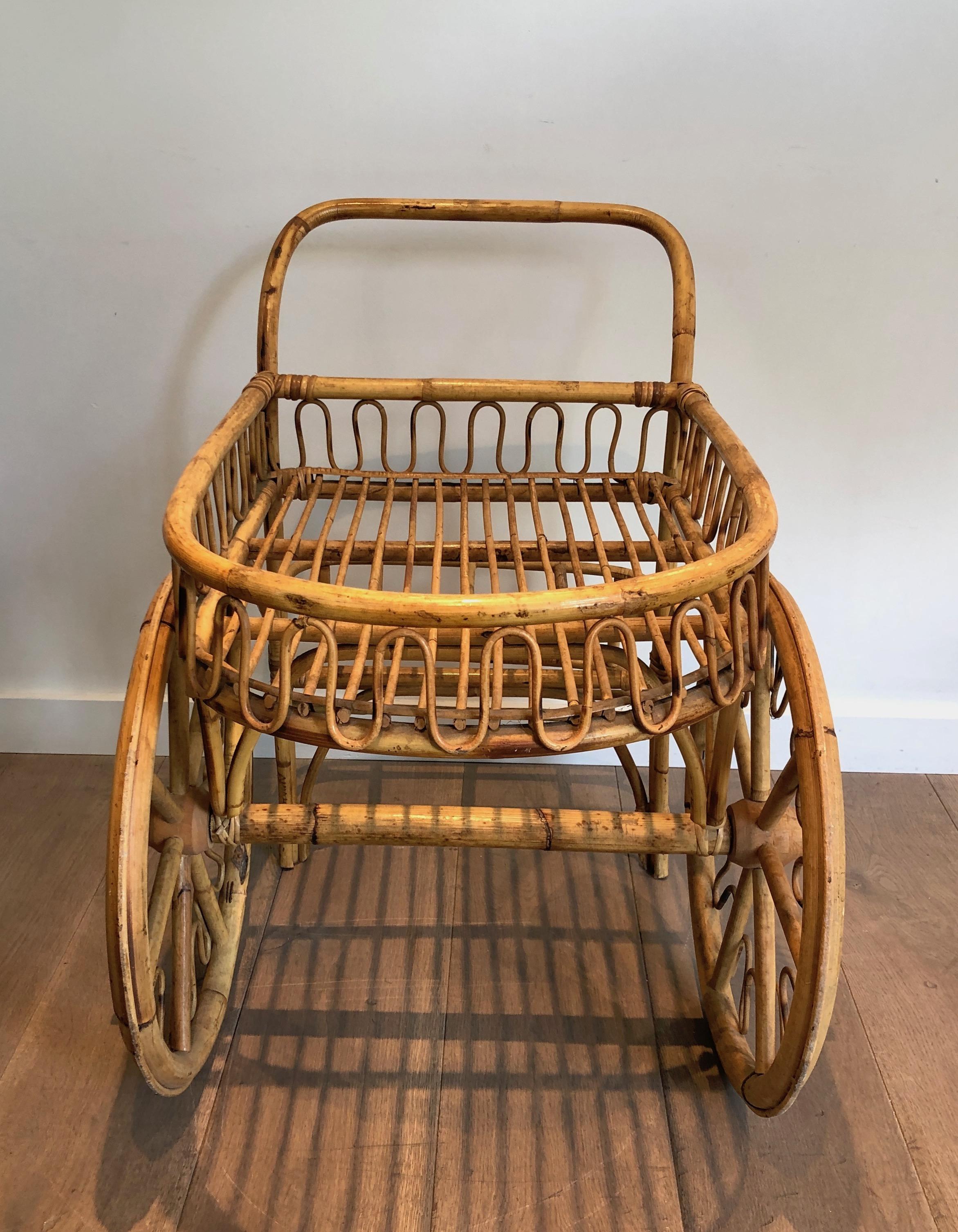 Rattan Drinks Trolley Attributed to Audoux Minet For Sale 7