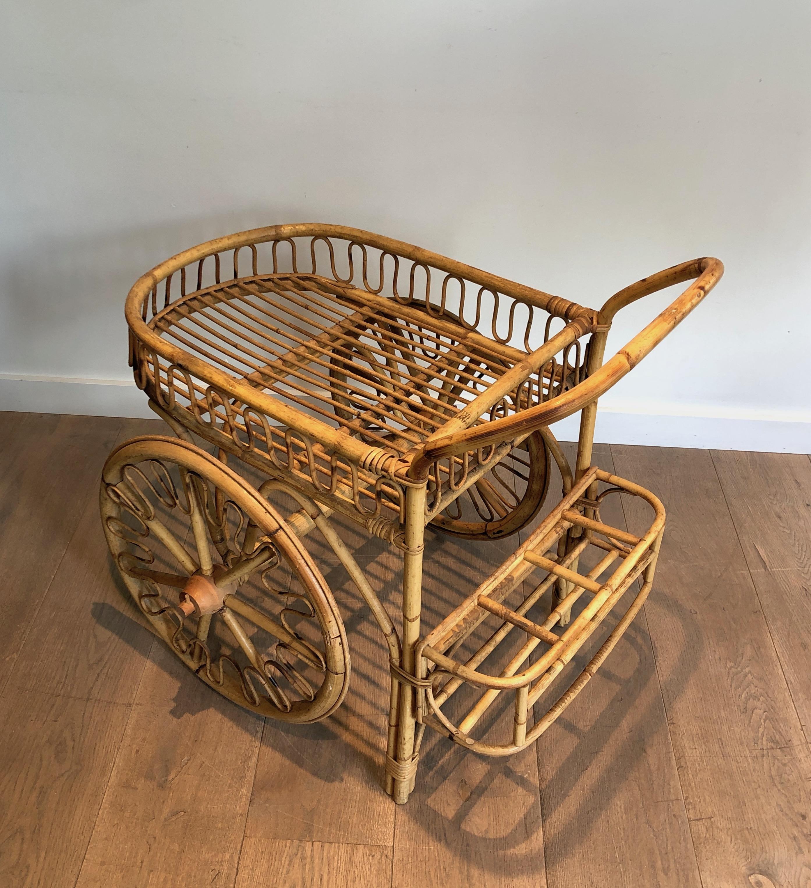 Rattan Drinks Trolley Attributed to Audoux Minet For Sale 10