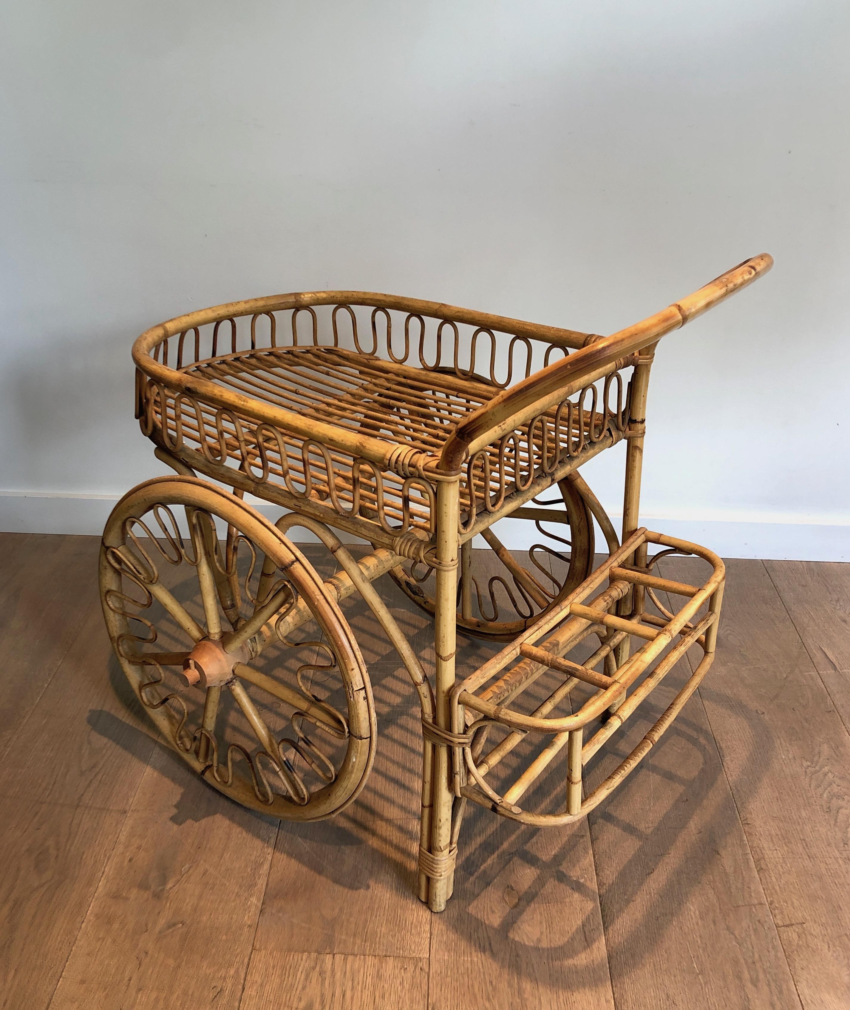 Rattan Drinks Trolley Attributed to Audoux Minet For Sale 11