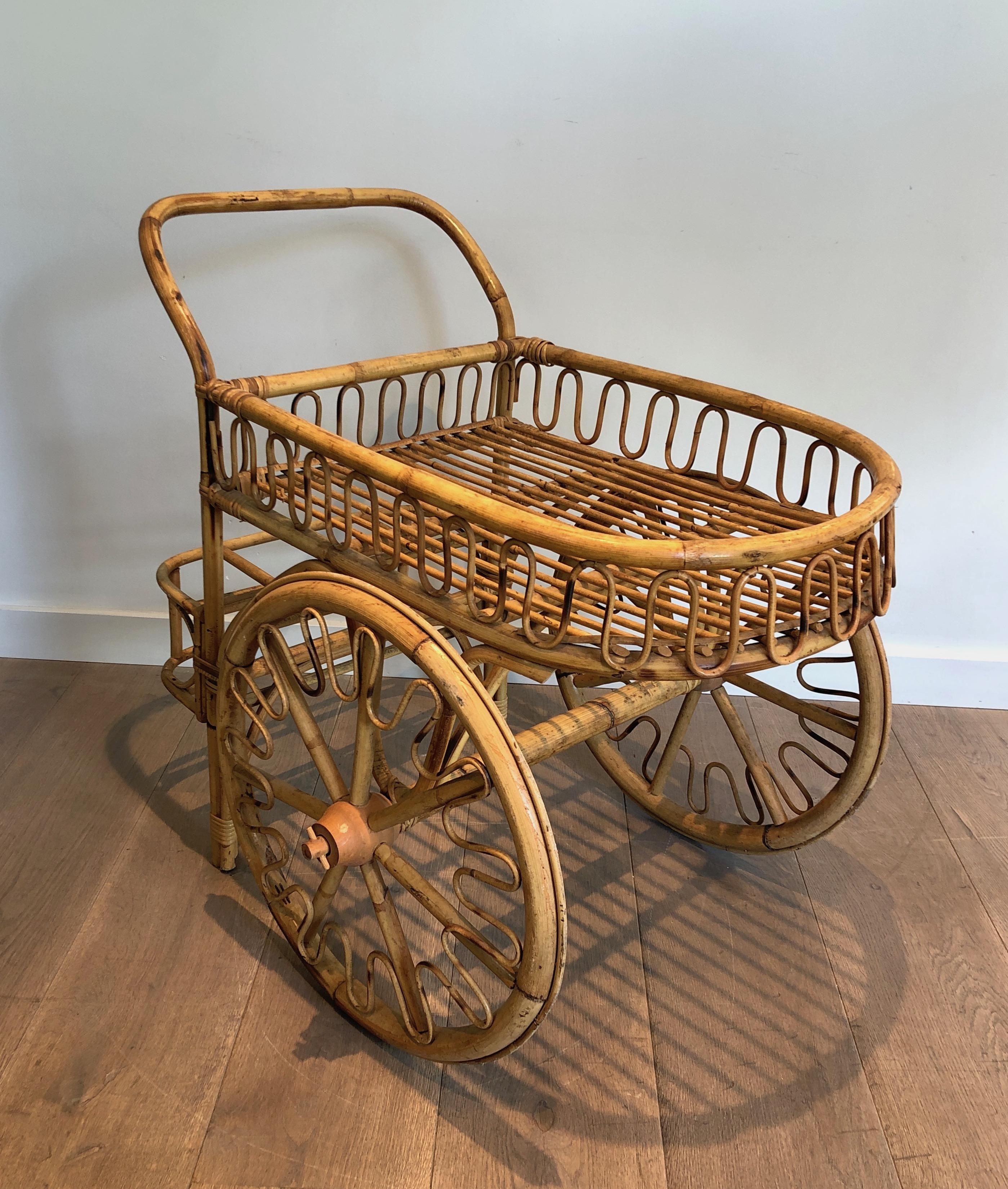 Rattan Drinks Trolley Attributed to Audoux Minet For Sale 12