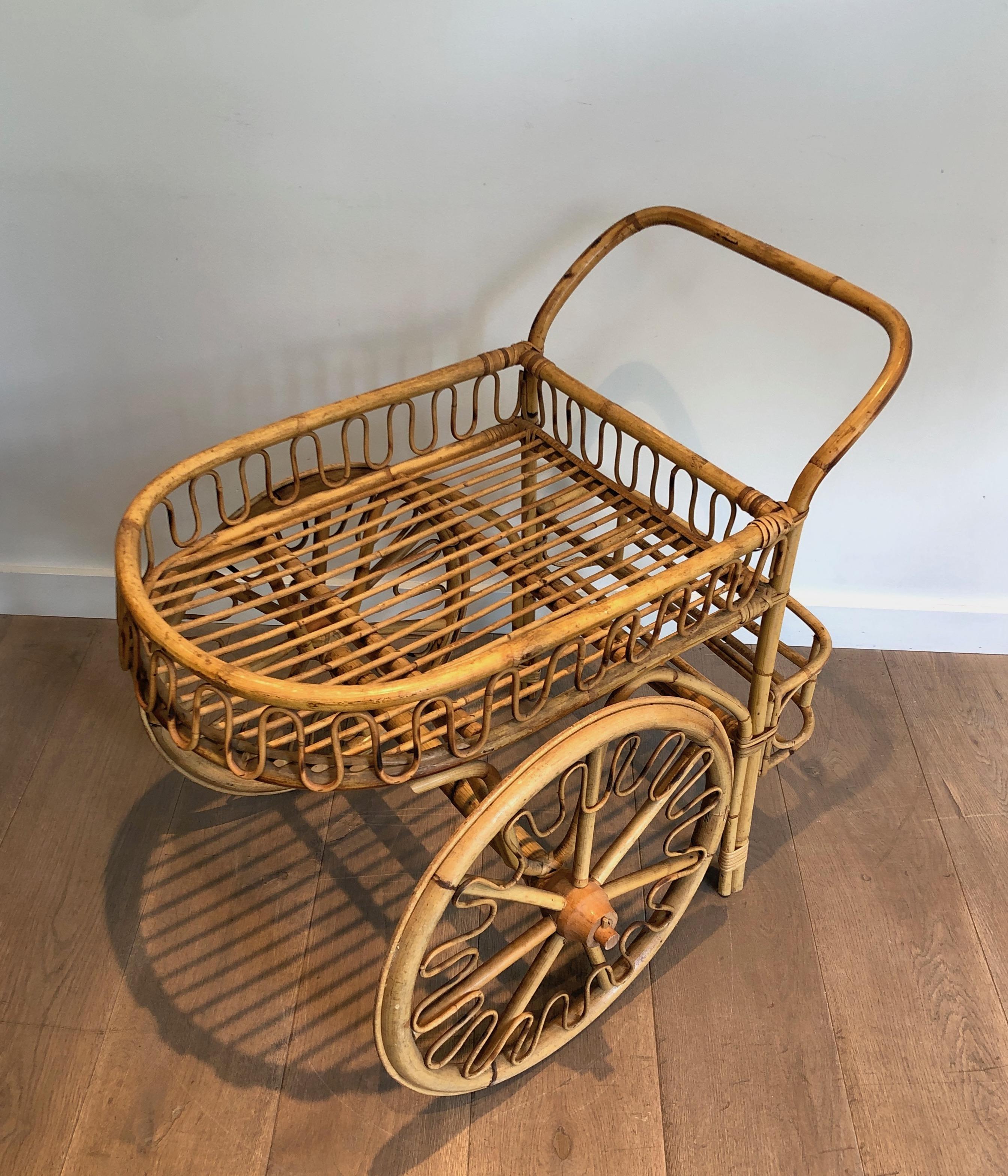 Rattan Drinks Trolley Attributed to Audoux Minet For Sale 13
