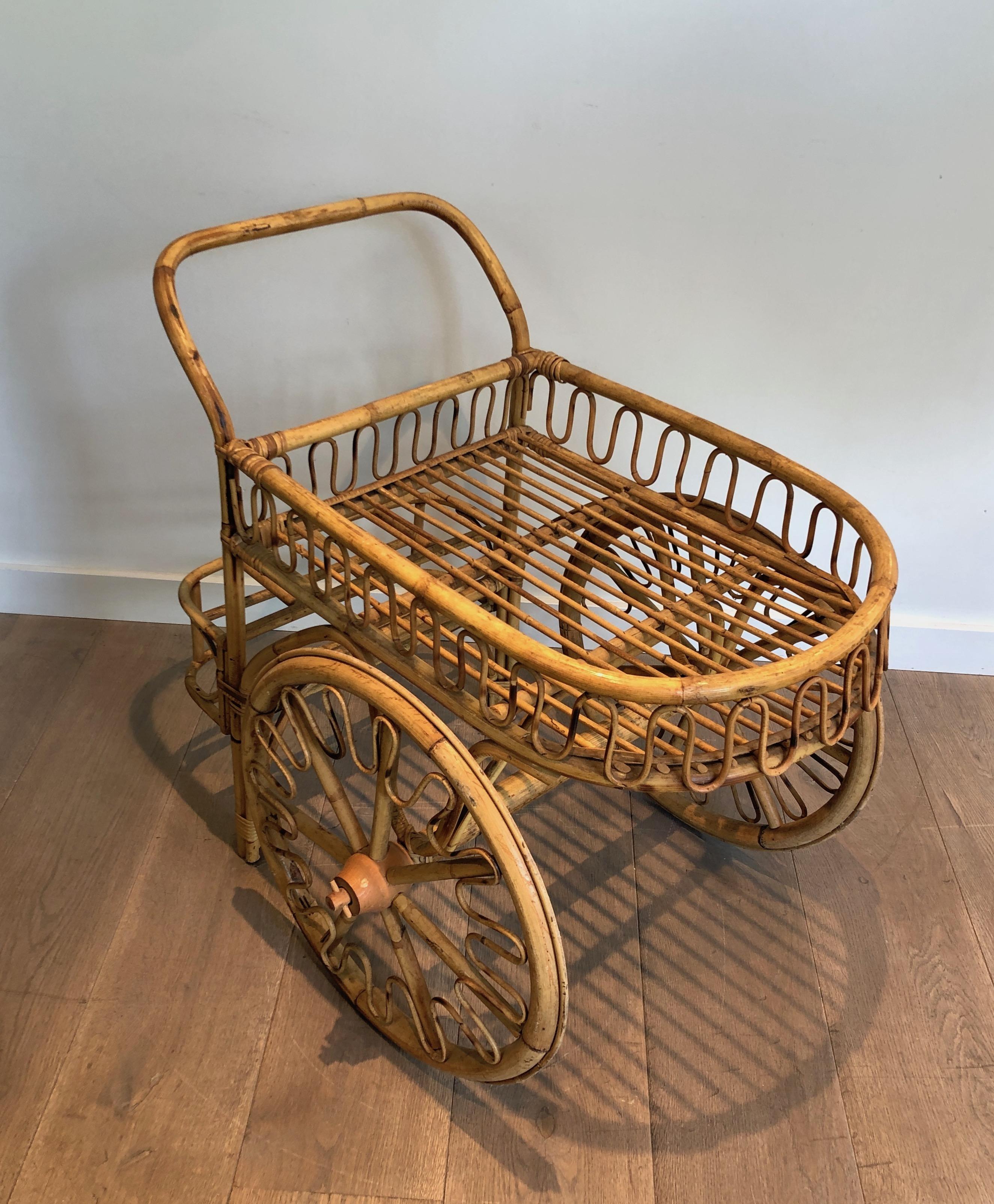 French Rattan Drinks Trolley Attributed to Audoux Minet For Sale