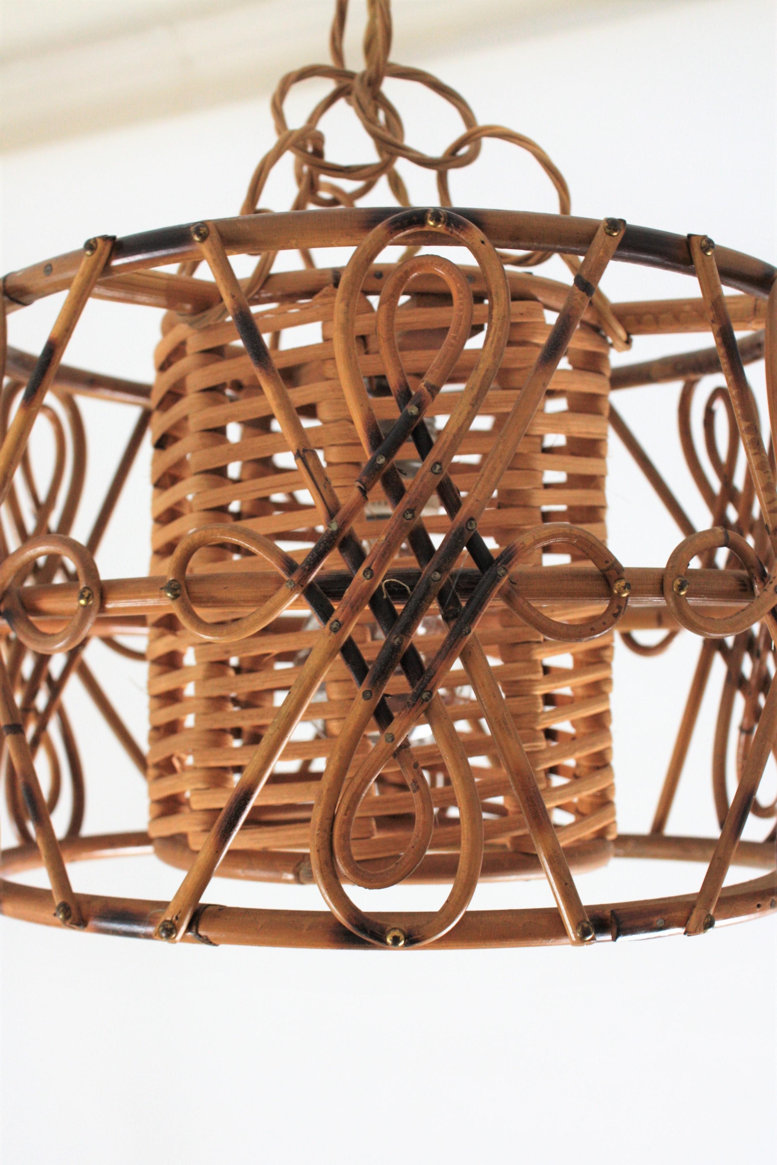 Rattan Drum Form Pendant Hanging Light with Chinoiserie Accents, France, 1950s 2