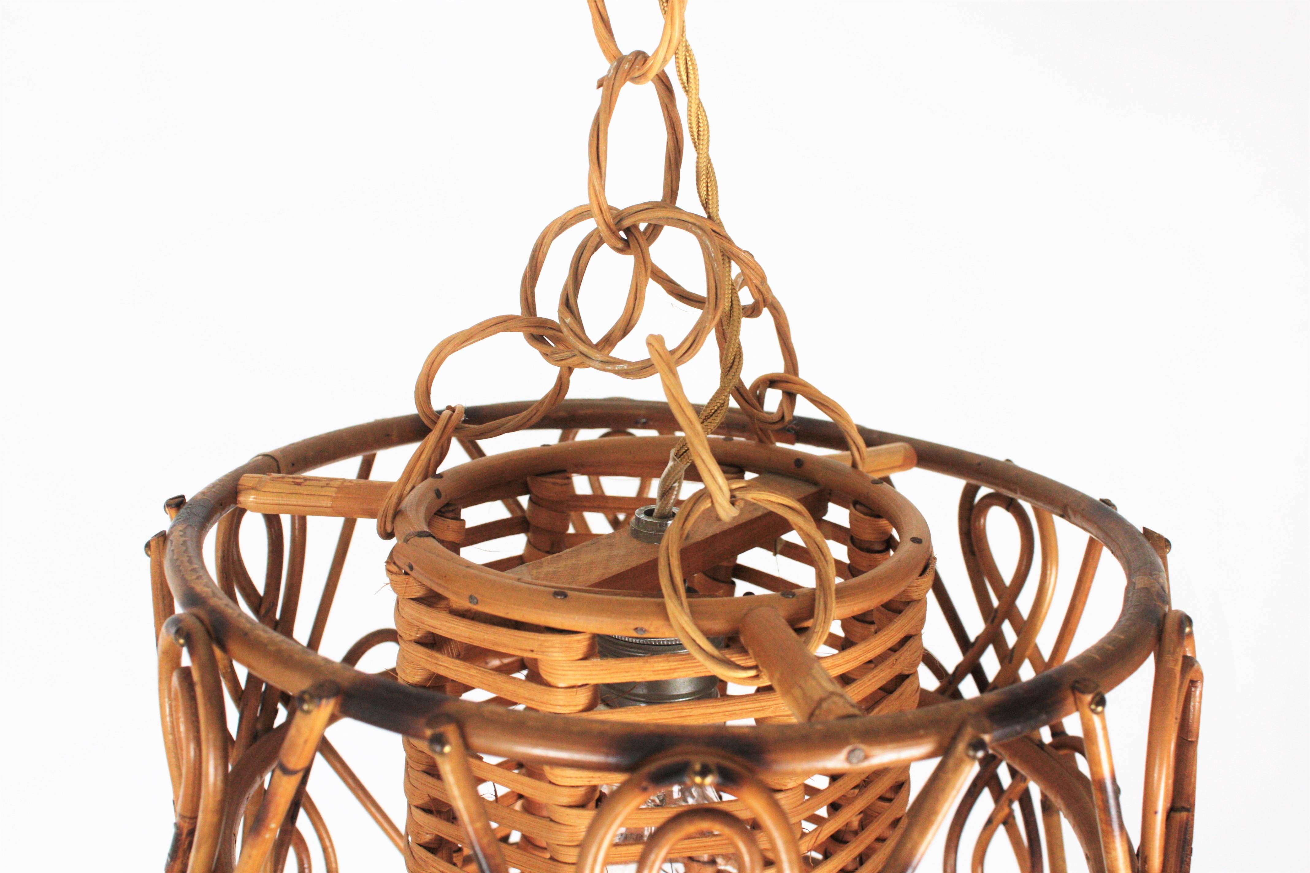 Rattan Drum Form Pendant Hanging Light with Chinoiserie Accents, France, 1950s 4