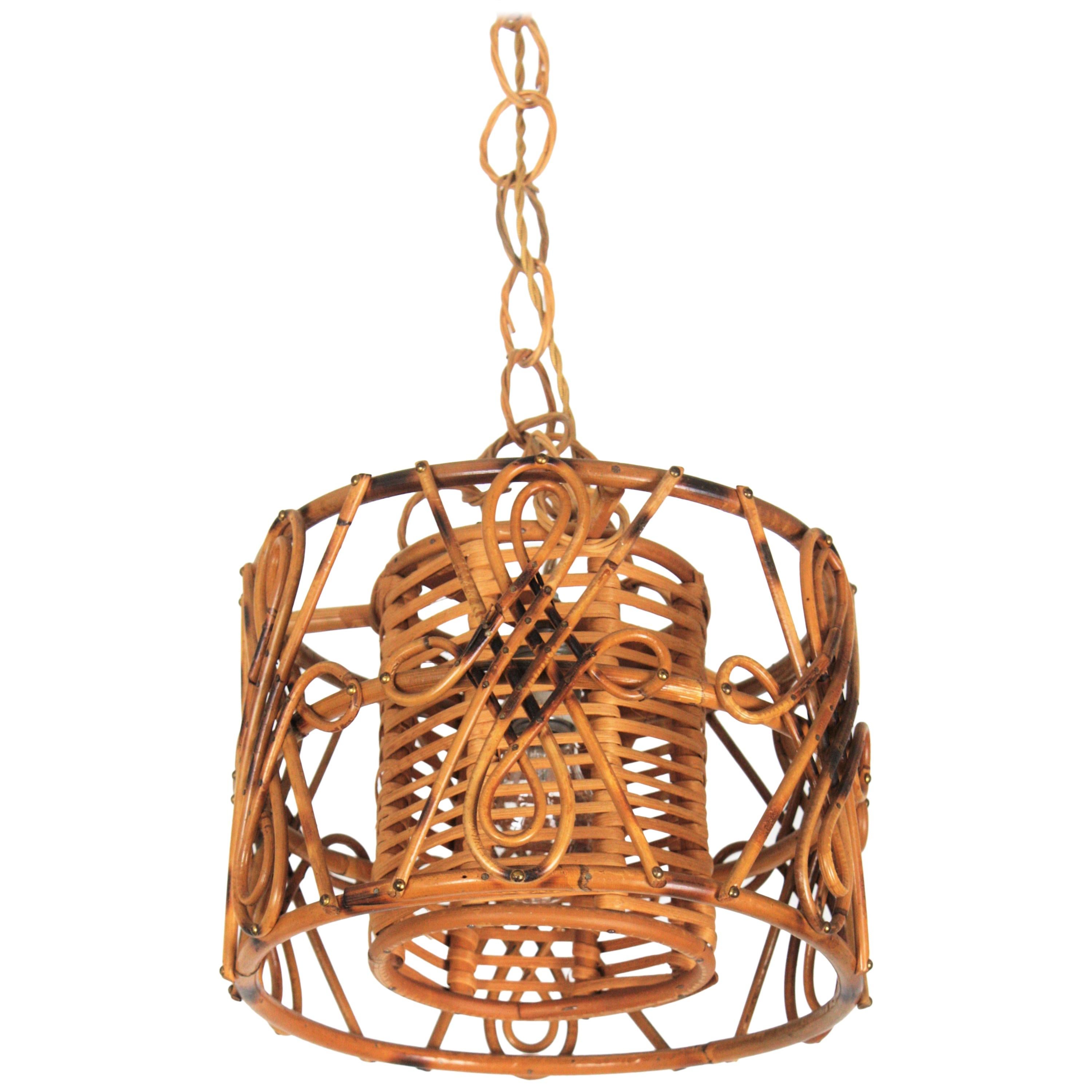 Rattan Drum Form Pendant Hanging Light with Chinoiserie Accents, France, 1950s 7