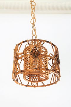 Rattan Drum Form Pendant Hanging Light with Chinoiserie Accents, France, 1950s