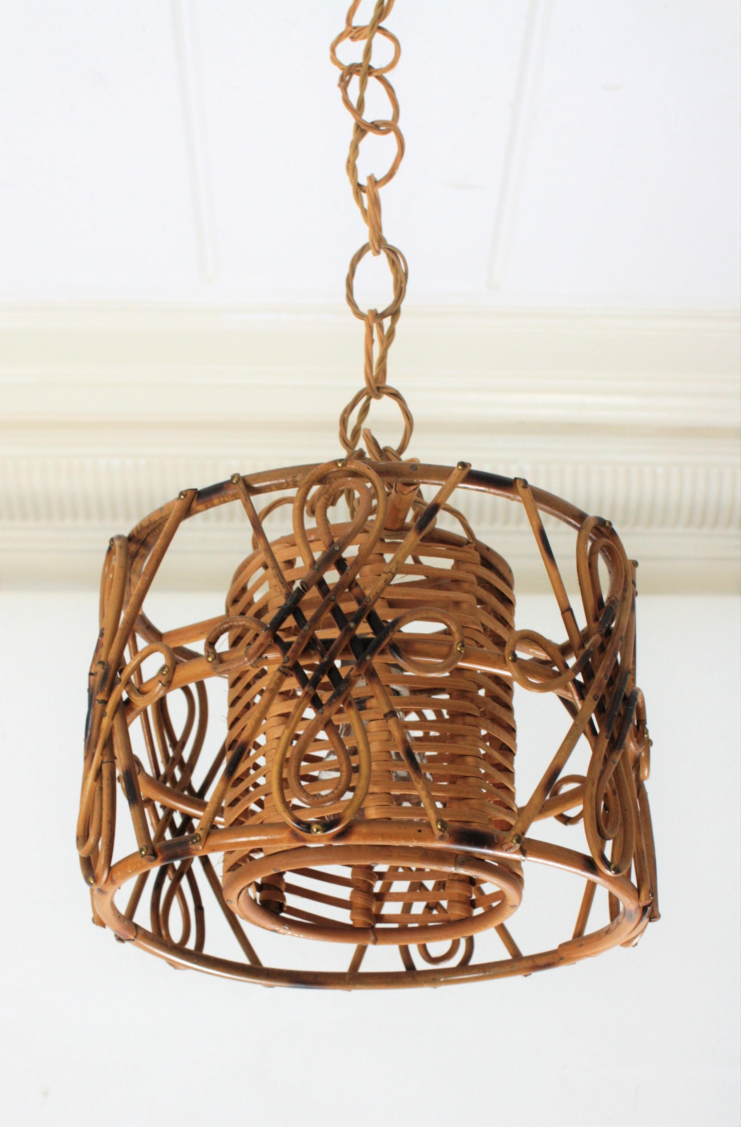 French Rattan Drum Form Pendant Hanging Light with Chinoiserie Accents, France, 1950s