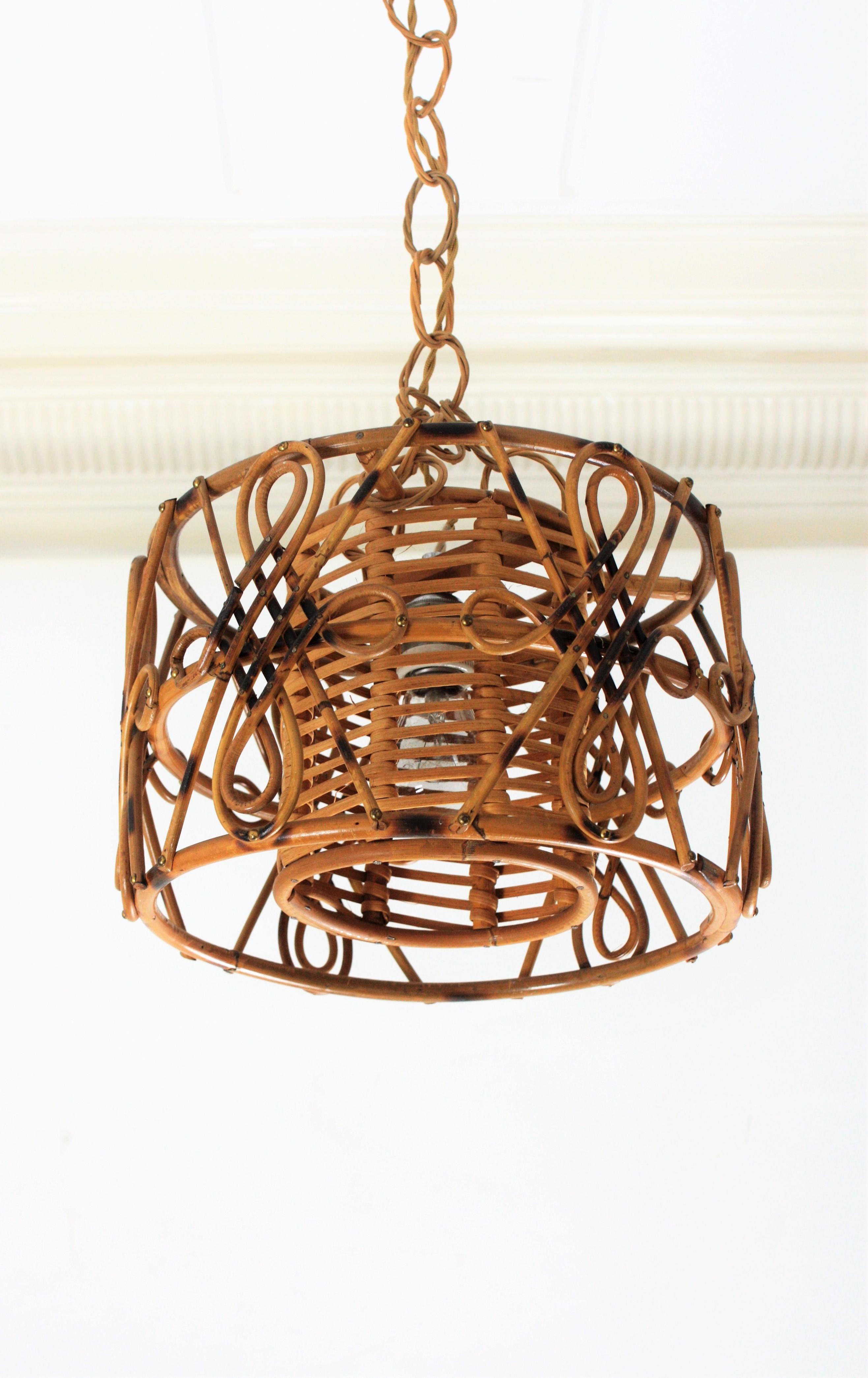 Hand-Crafted Rattan Drum Form Pendant Hanging Light with Chinoiserie Accents, France, 1950s