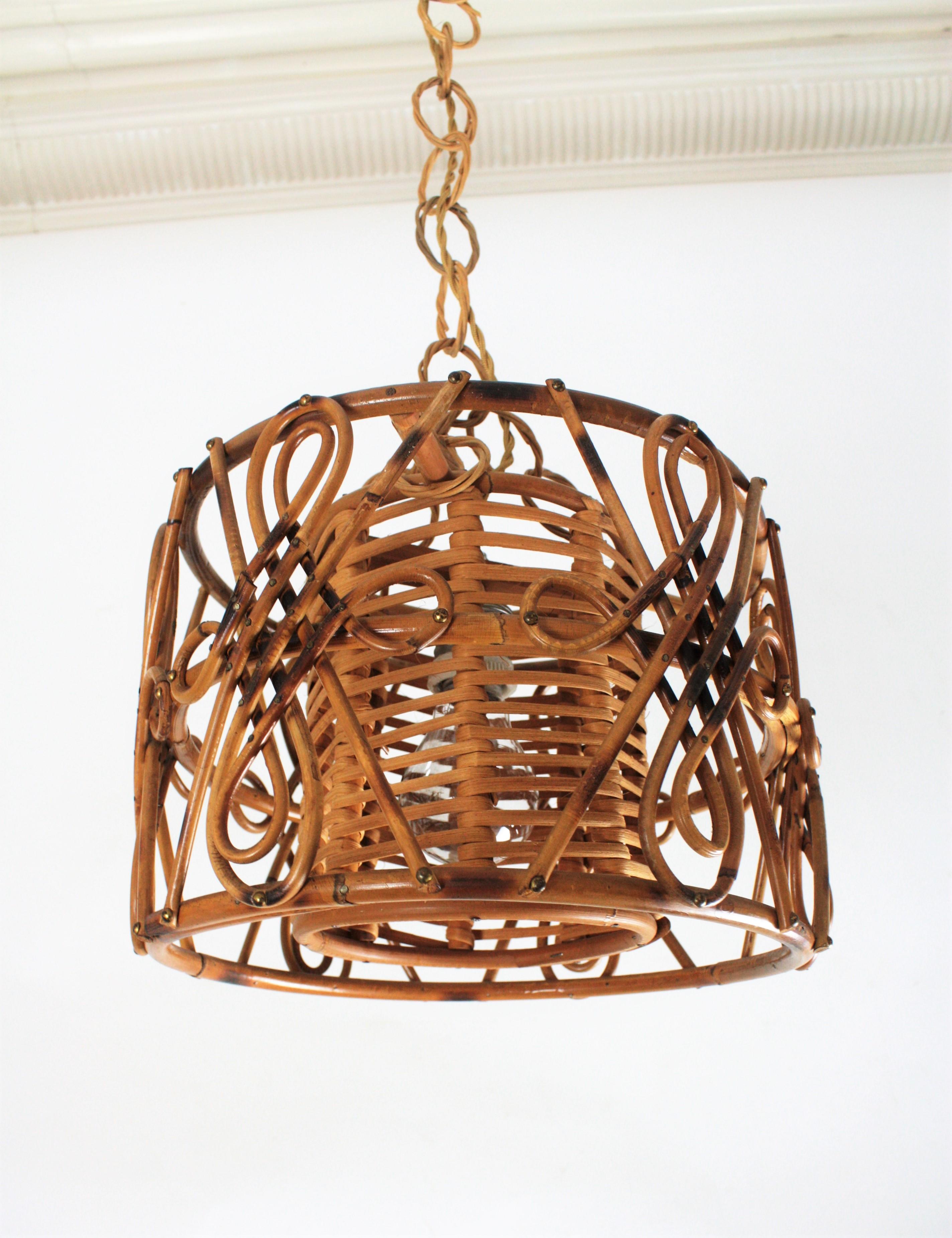 20th Century Rattan Drum Form Pendant Hanging Light with Chinoiserie Accents, France, 1950s