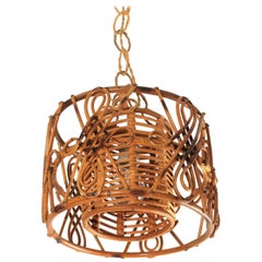 Rattan Drum Form Pendant Hanging Light with Chinoiserie Accents, France, 1950s