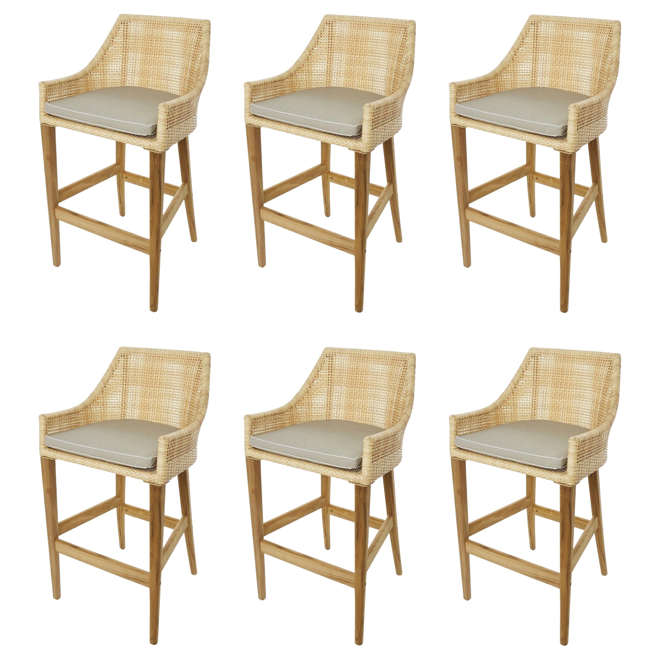 Rattan Effect Braided Resin and Wooden Set of Six Counter Stools