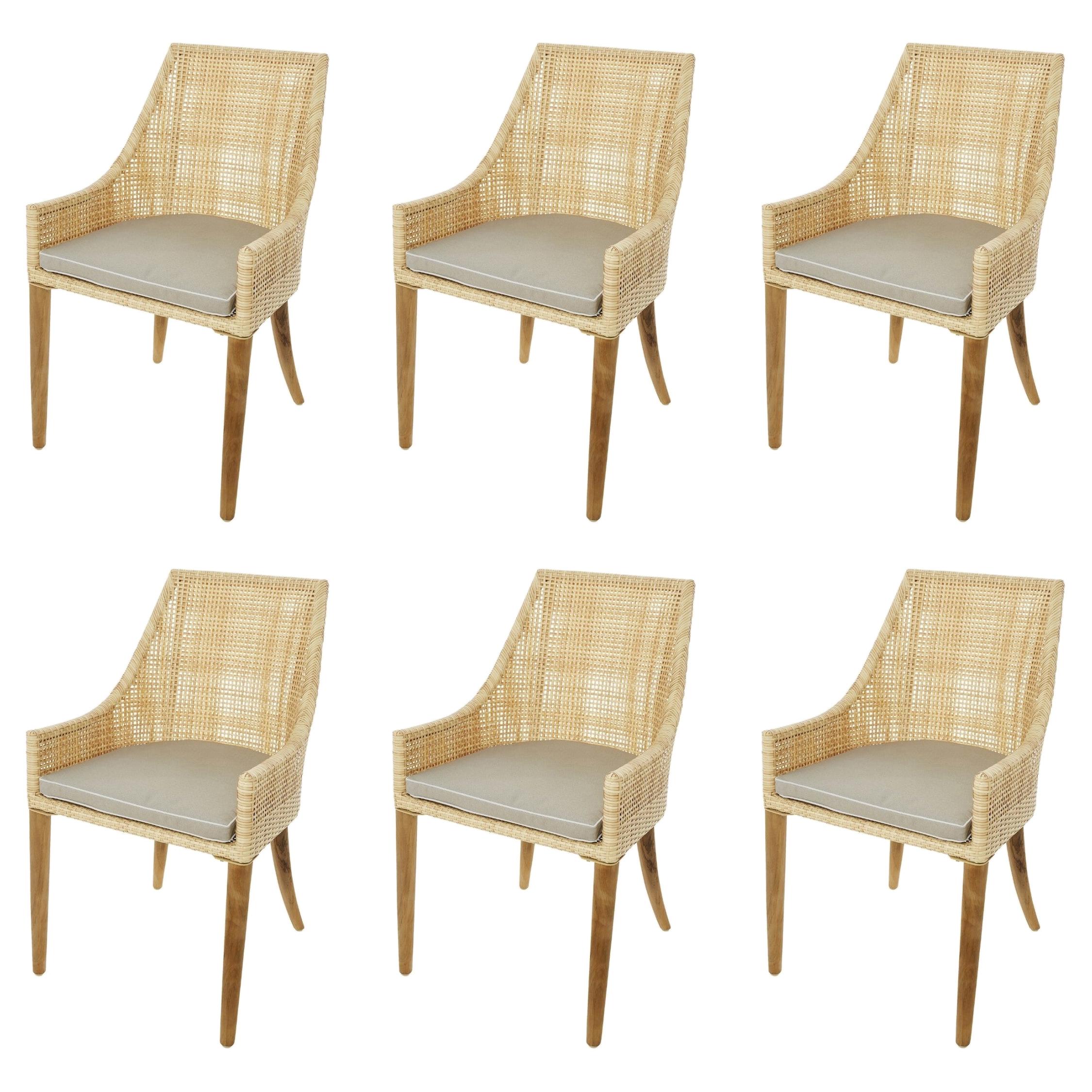 Rattan Effect Resin and Wooden Set of Six Outdoor Armchairs French Design