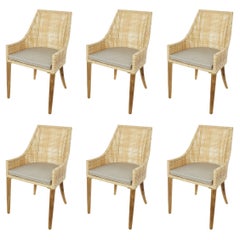 Rattan Effect Resin and Wooden Set of Six Outdoor Armchairs French Design