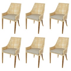 Rattan Effect Resin and Wooden Set of Six Outdoor Armchairs French Design