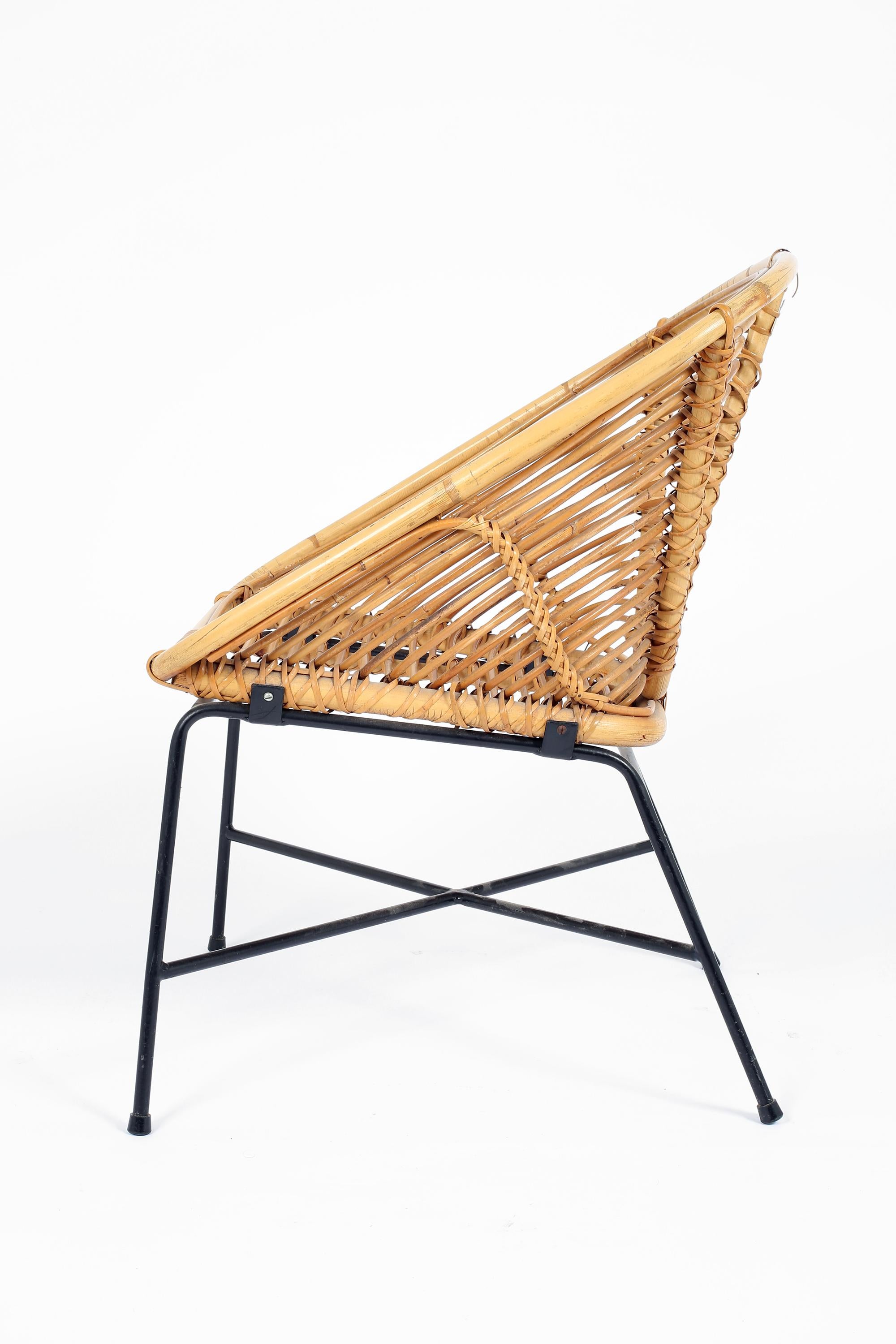 Mid-Century Modern Rattan & Enamelled Steel Occasional Chair For Sale