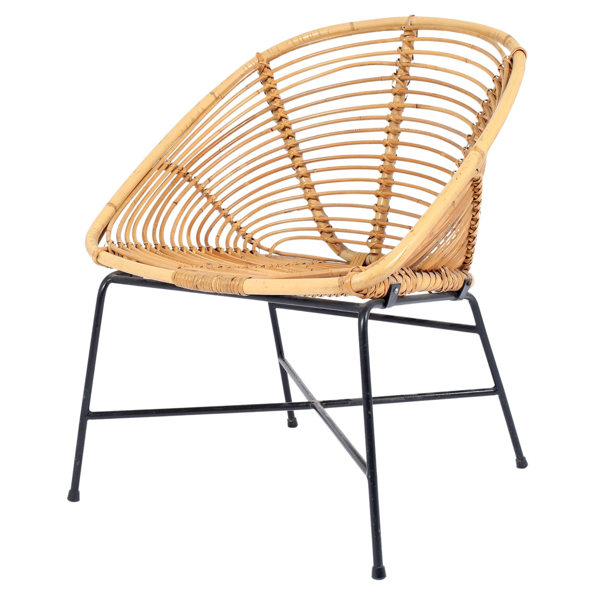 Rattan & Enamelled Steel Occasional Chair For Sale
