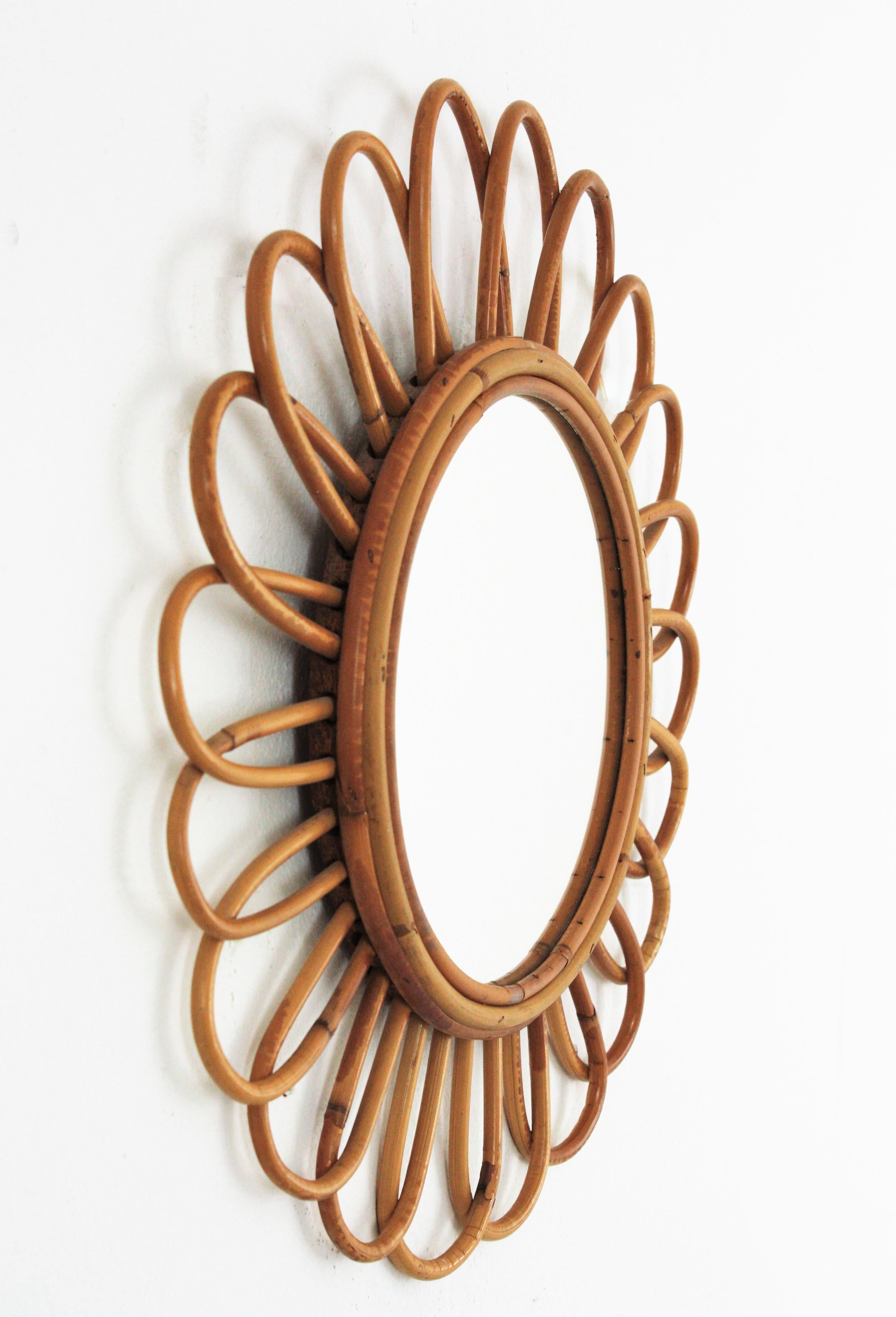 20th Century Rattan Flower Burst Mirror, Midcentury Mediterranean Design, 1960s For Sale